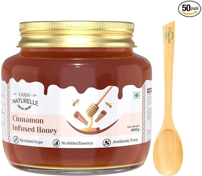 Farm Naturelle-Cinnamon Flower Wild Forest Honey |400gm and a Wooden Spoon 100% Pure & Natural Ingredients Made Delicious Honey | No Artificial Color | No Added Sugar | Lab Tested Cinnamon Honey In Glass Bottle.