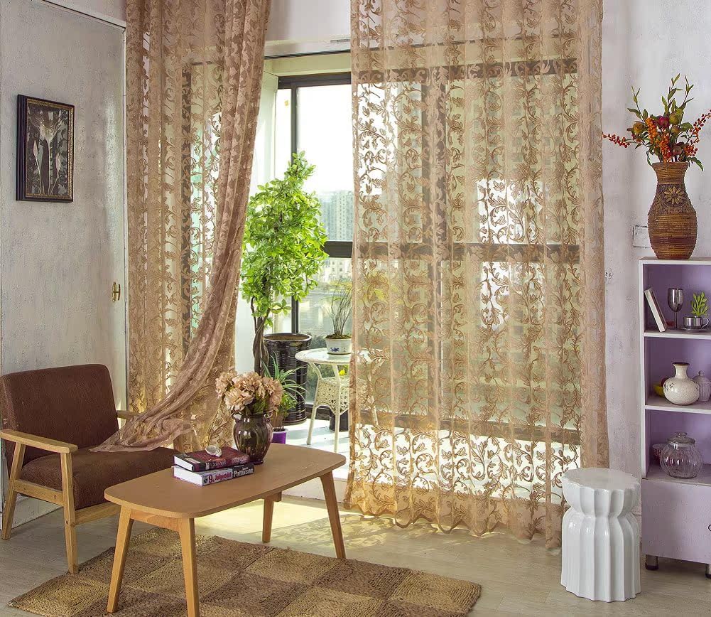 American Pastoral Wind Insulation Fabric Linen Sheer Curtains Window Treatments Rod Pocket for Living Room Bedroom(2 Panels, W 54 x L 95 inch, Brown)