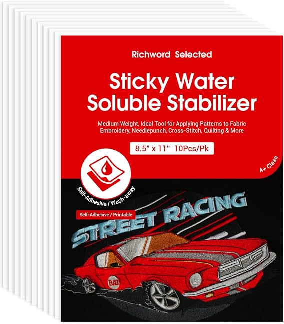 Poolin Printable 10PCS Sticky Water-Soluble Embroidery Stabilizer Richword Selected Sheets 8.5 x 11 Wash Away Embroidery Paper for Hand Embroidery, Topper for Home Machine Embroidery