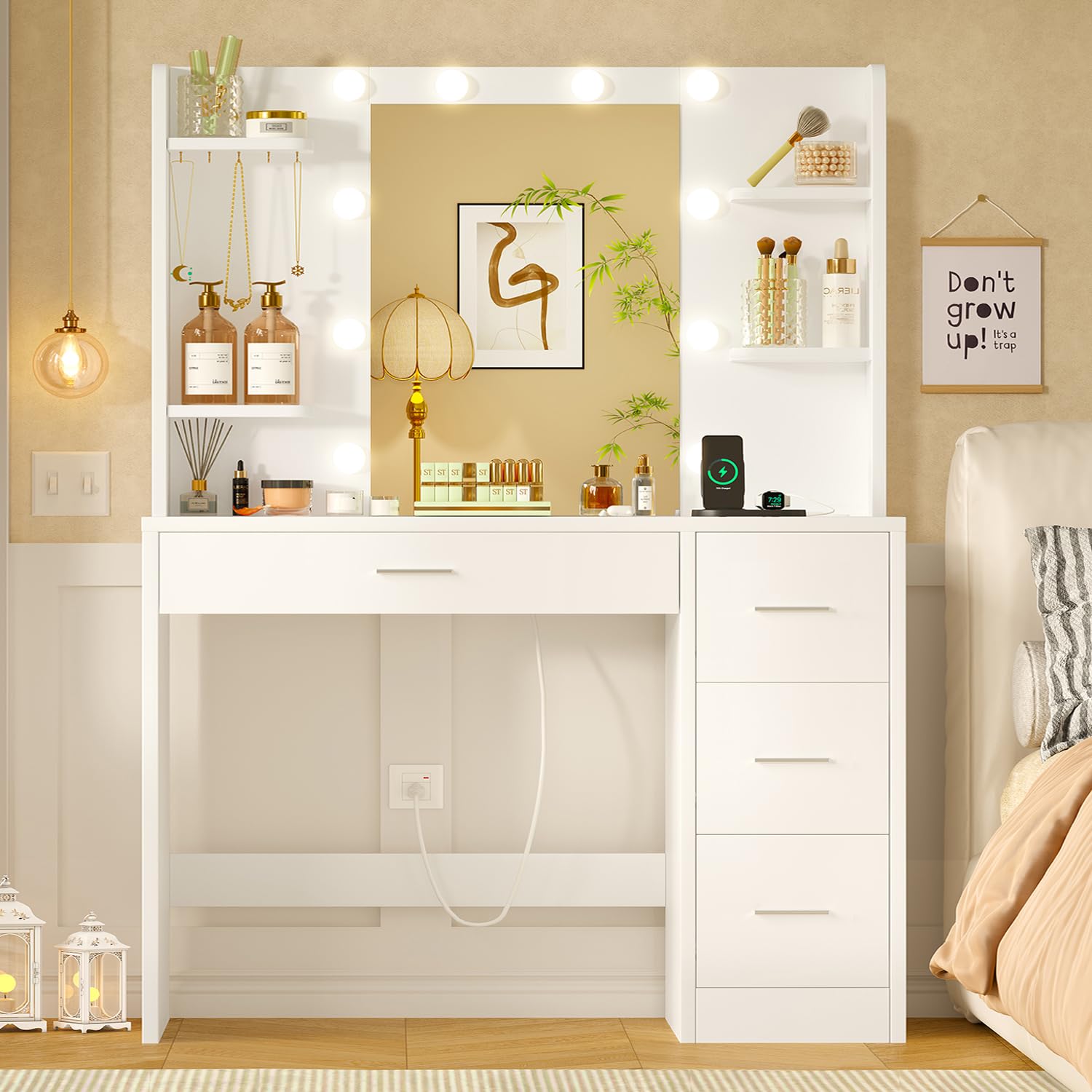 Mesa de Maquillaje con Luces y Espejo, Tocador Blanco con 4 Cajones y Estantes