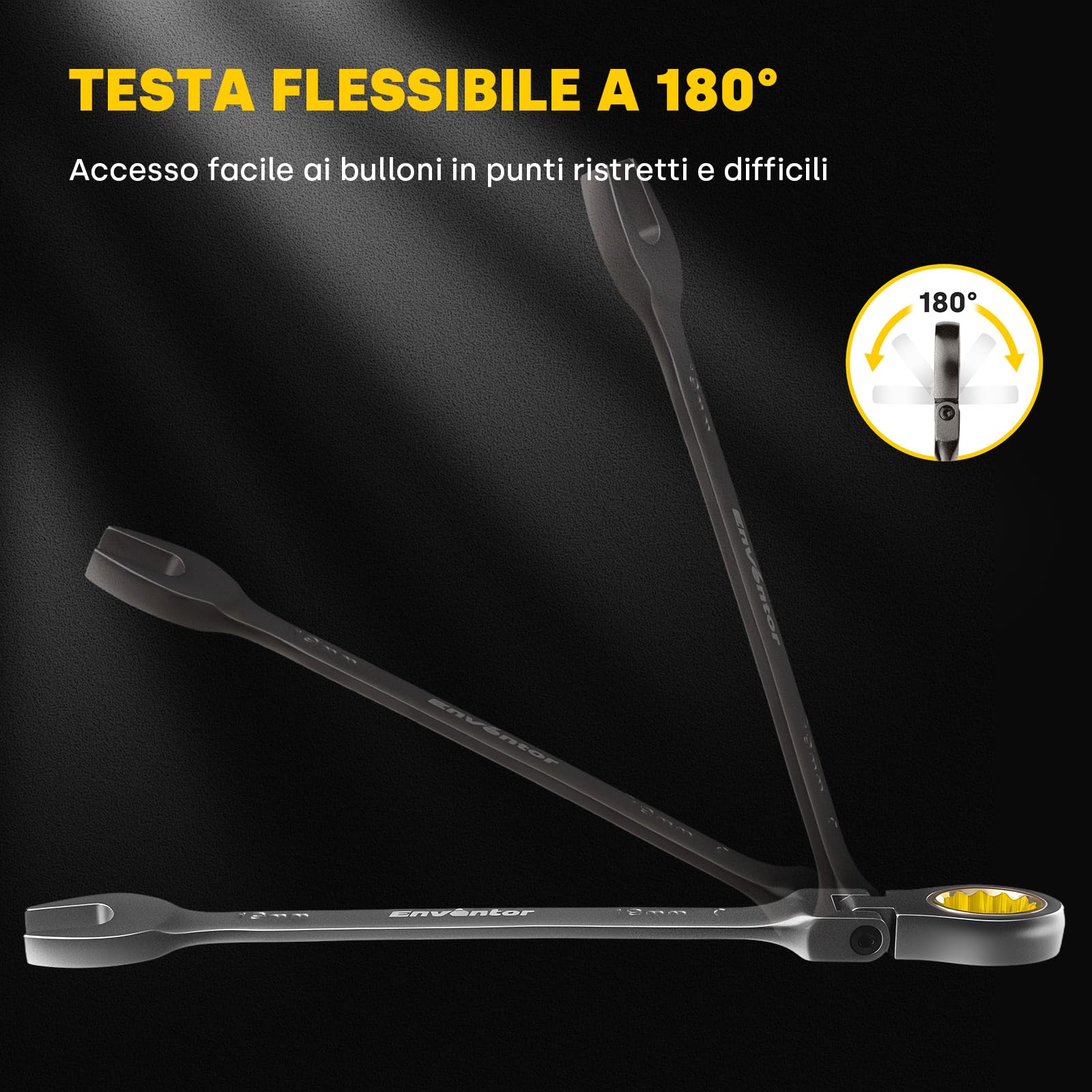 Enventor Set Chiavi a Cricchetto 14pcs, Flessibile Chiave a Cricchetto da Metrico 6mm-19mm, Acciaio al Cromo Vanadio, Nichelato Nero, 90T, Testa Rotante a 180°, Arco di Rotazione a 4°, Cassetta