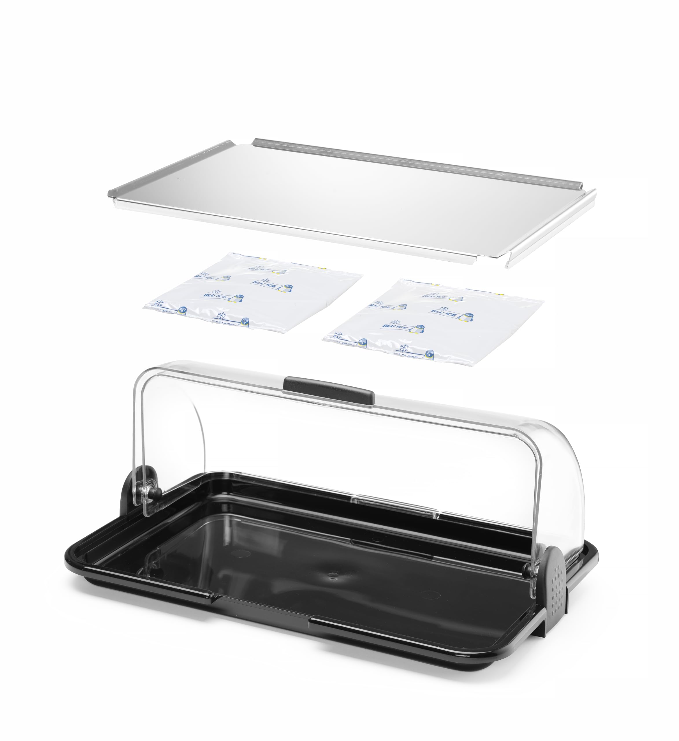 HENDI Vitrina expositora con cubierta deslizante, mostrador Buffet, conjunto exhibidor con doble función: calentar o enfriar, kit incl. 2 bloques de gel, bandeja de acero inox, 465x315x(H)195mm, PP