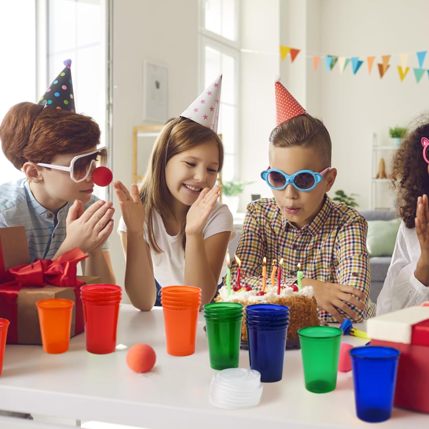 EcoDispose 12 oz Kids Cups, 20 Count Plastic Spill Proof Party Cups, BPA-Free, Assorted 4 Colors for Party, Picnic,Travel & Home Use (20 Pack)