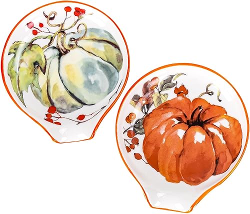 Whaline Soporte para cucharas de otoño, acuarela, calabaza de otoño, soporte para cucharaditas de cerámica, platos para salsa pequeña, plato para