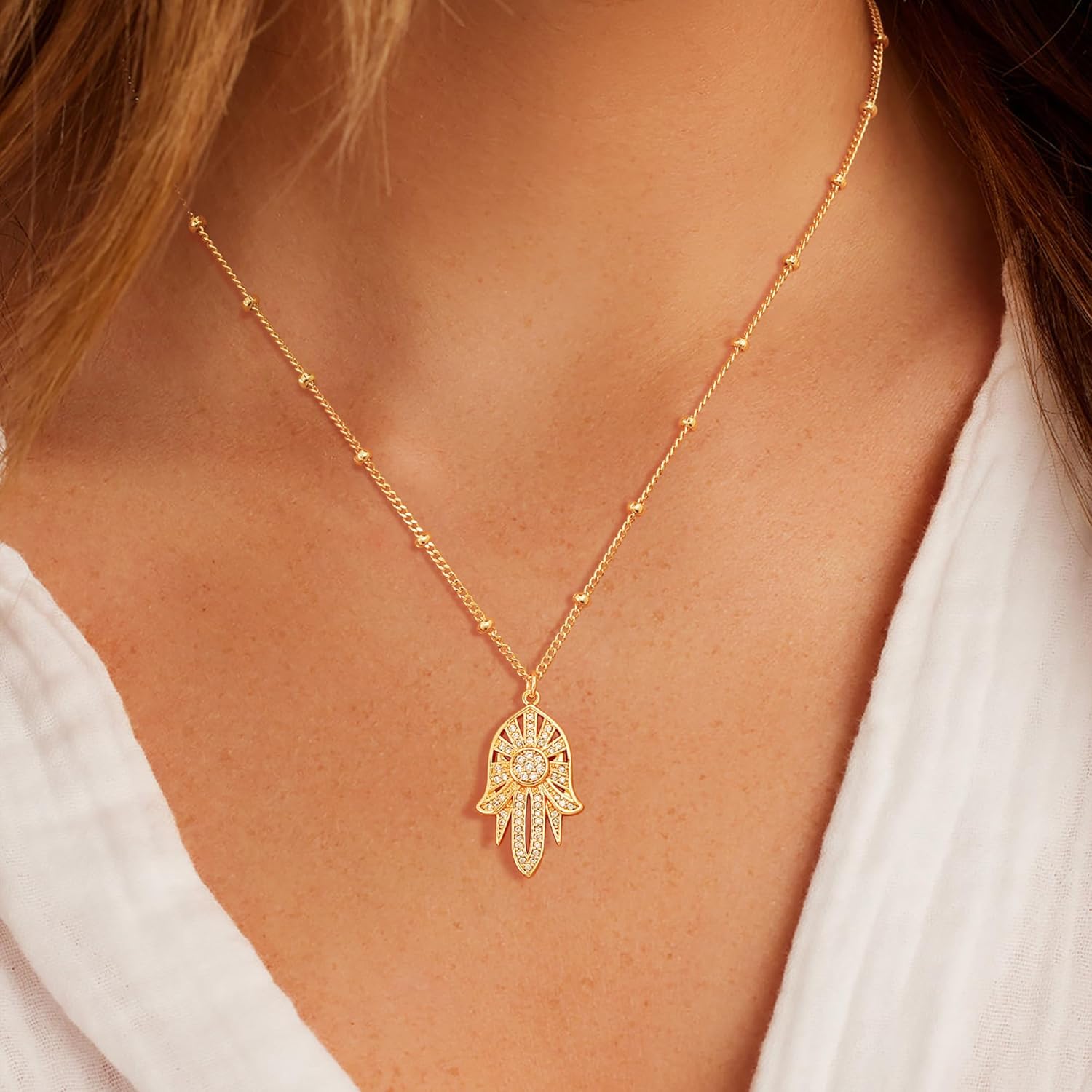 Gold Necklace for Women Trendy 14K Gold Plated Cubic Zirconia Hamsa Coin Eye Pendant Necklace Handmade Protection Gold Jewelry Gifts - Image 2