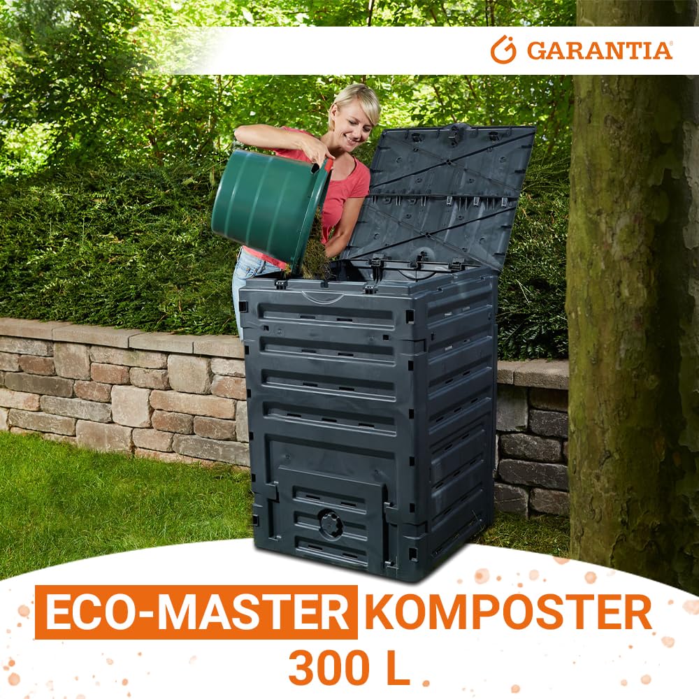 GARANTIA ECO-Master Kunststoff-Komposter 300 Liter schwarz - Kompostbehälter für Gartenabfall und Kompostierung - Schnellkomposter Garten mit großer Öffnung - praktische Entnahme durch Griffmulde