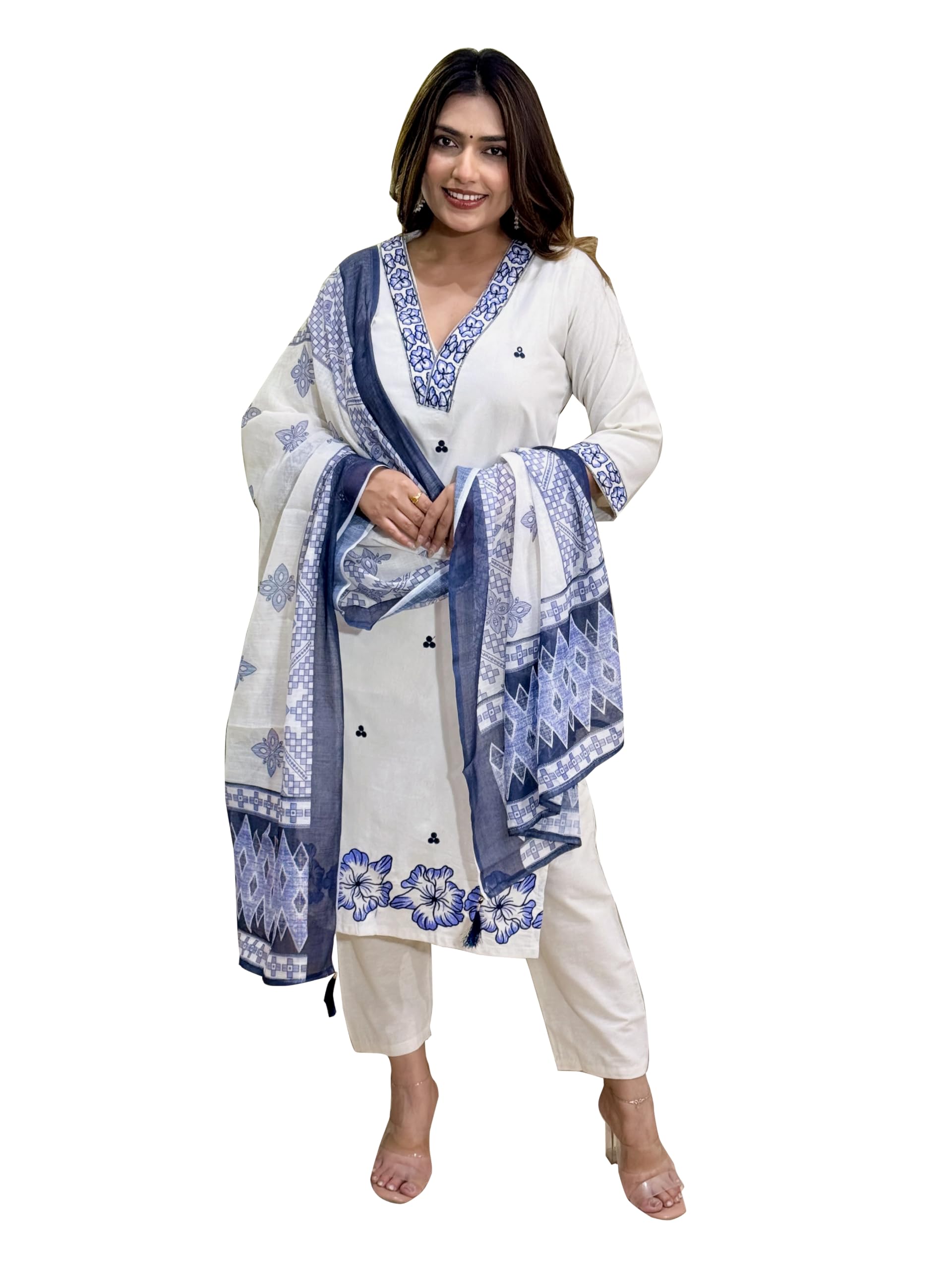 Women's Cotton Kurta Pant Dupatta Set | White Blue Floral Embroidered Straight Kurti with Palazzo Pants & Printed Dupatta | 3 Piece Suit Set for Casual Wear-picture-41