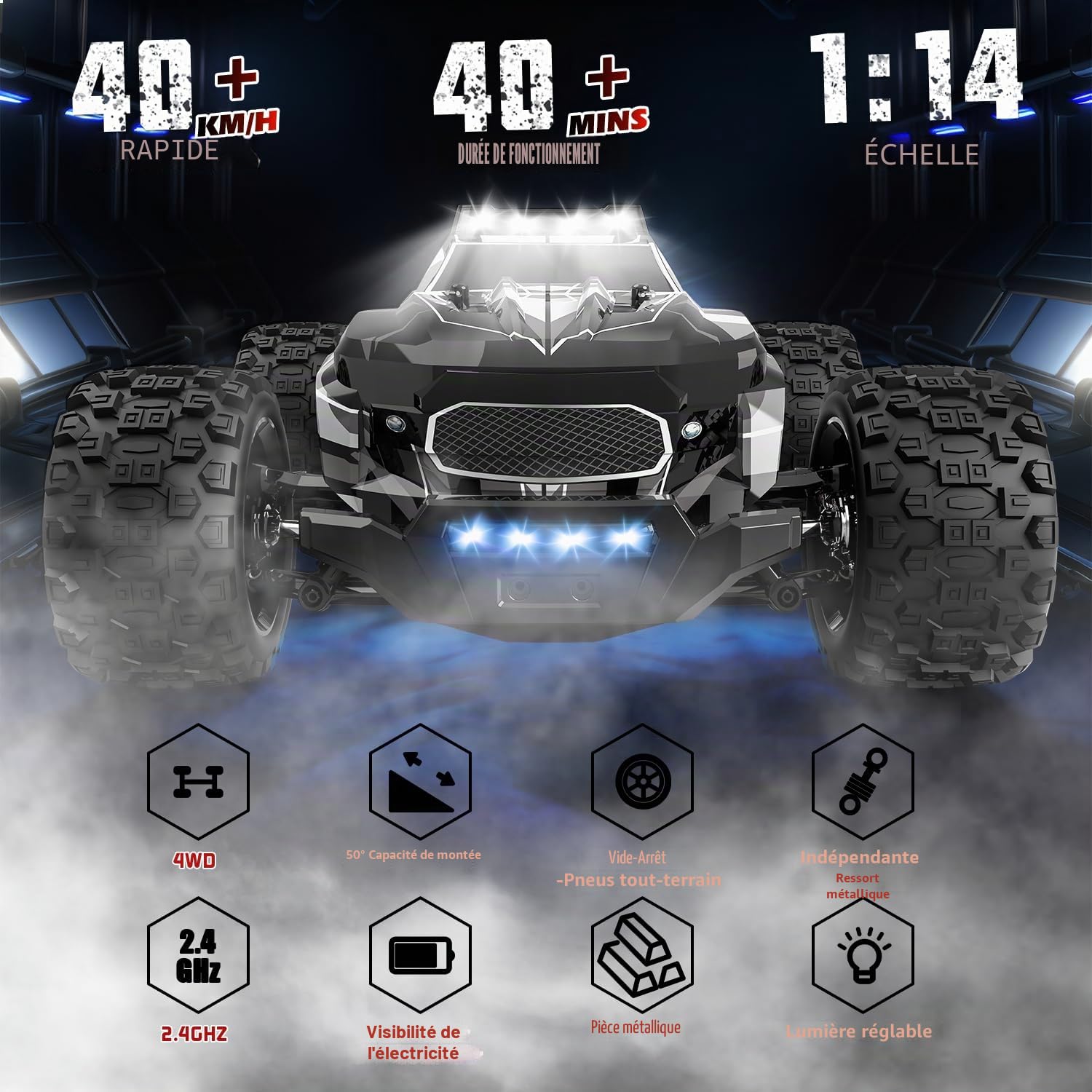 Voiture télécommandée 1/14 RC avec 7 lumières de couleur, 40 km/h, camion monstertruck Rc Truck, 2,4 GHz RC avec deux piles, 4WD étanche RTR tout terrain, poussette RC pour enfants et adultes