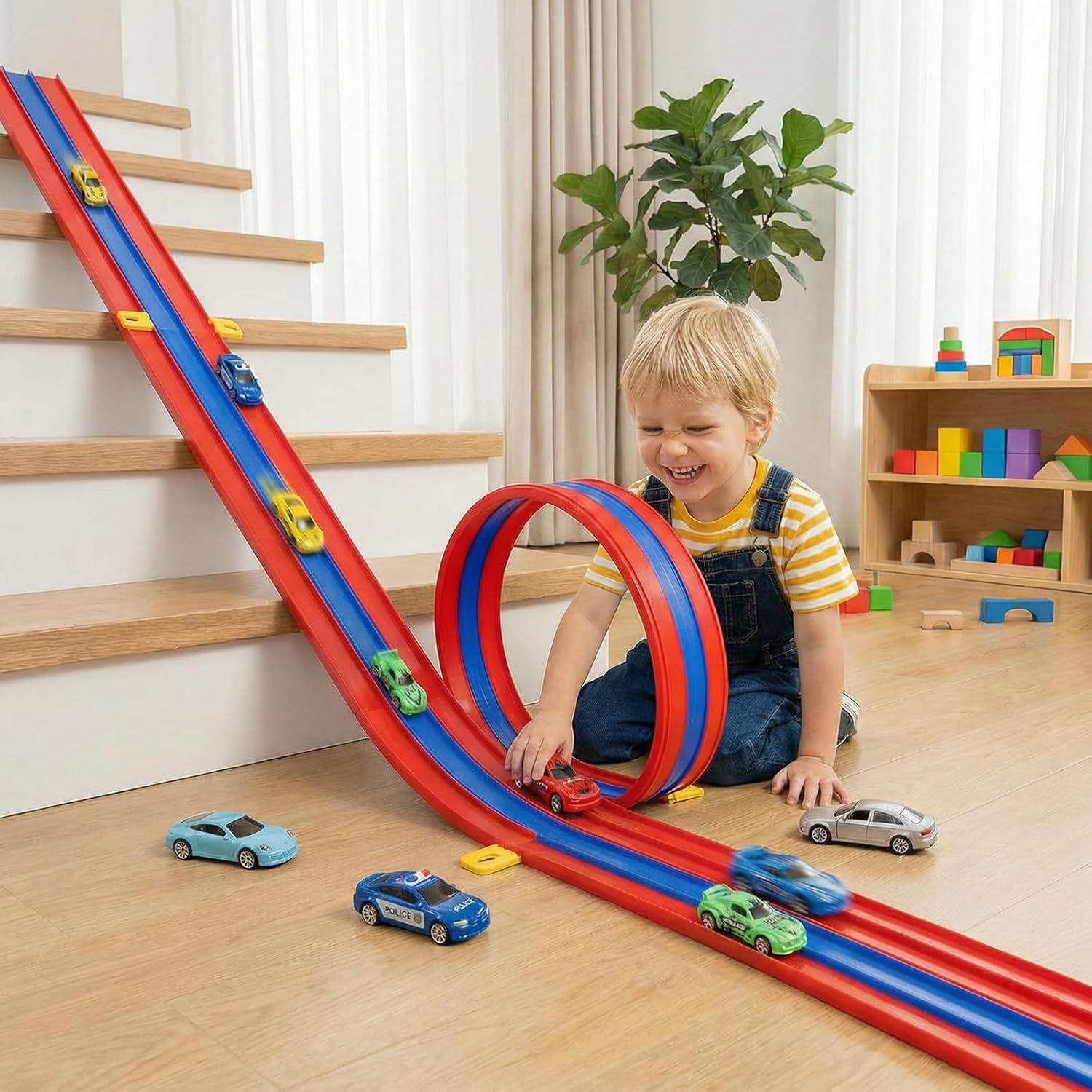 Flexible Race Track for Kids, 15ft 3-Lane Roll Up Race Car Track with Strong Suction Cups & Diecast 1/64 Scale Cars, Portable Racetrack Toy for 3+ AgesBoys Girls Outdoor Toys
