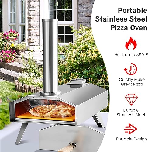 Miniatura 4 de Happygrill Horno de pizza al aire libre, portátil, de acero inoxidable, estufa de pizza de pellets de madera con piedra de pizza de 12 pulgadas,