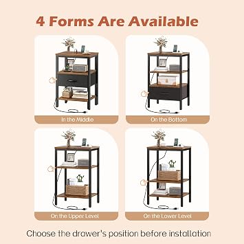 SUPERJARE Nightstand with Charging Station, Bedside Table with Adjustable Fabric Drawer, NightStand for Bedroom, 3-Tier Storage & 78.8 inch Narrow Console Table with Outlet, Sofa Table Set of 2