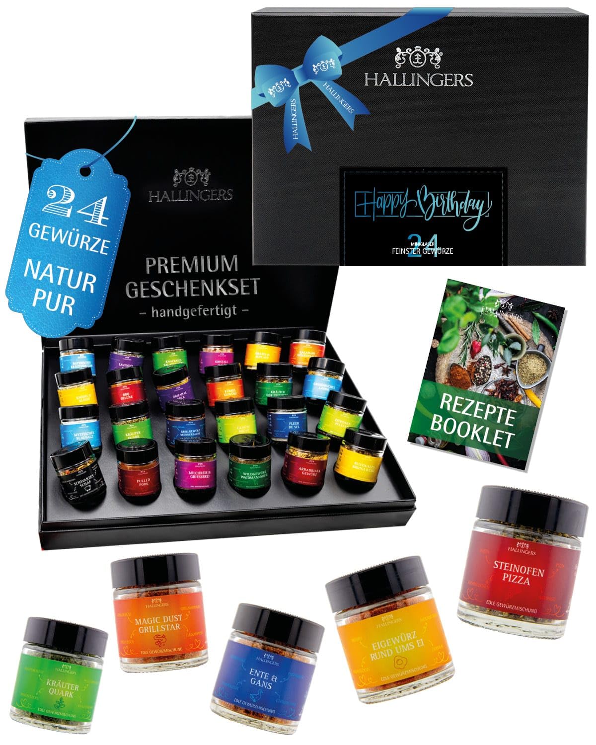 Hallingers Genuss Manufaktur Gewürz Geburtstagsgeschenk-Set - 24 Gewürze aus aller Welt in wertiger Geschenkbox mit Rezept-Booklet "Happy Birthday", Geschenke für Frauen Männer