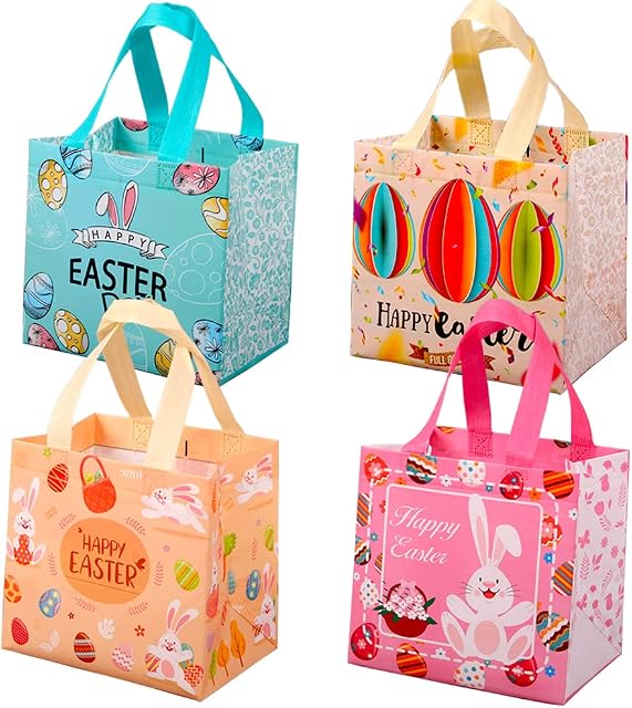 4 Pack Easter Tote Bags with Handles, Non-Woven Reusable Gift Bag Bunny Easter Egg Hunt Party Treat Bag Waterproof Reusable Goodie Bag for Holiday Favors (4 Pack)