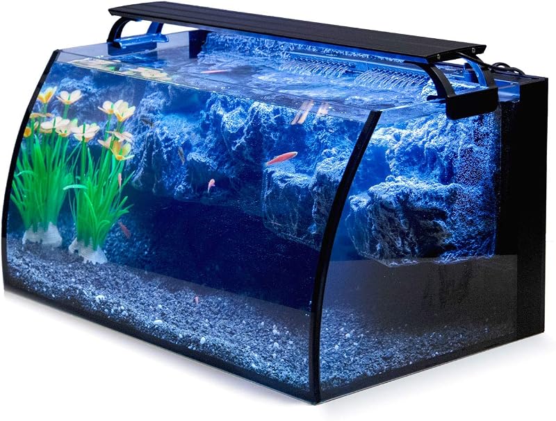 Horizon 8 Gallon LED Glass Aquarium Kit for Starters with 7W Power Filter Pump, 18W Colored led Light, Wide View Curved Shape Fish Tank with Undetachable 3D Rockery Background Decor