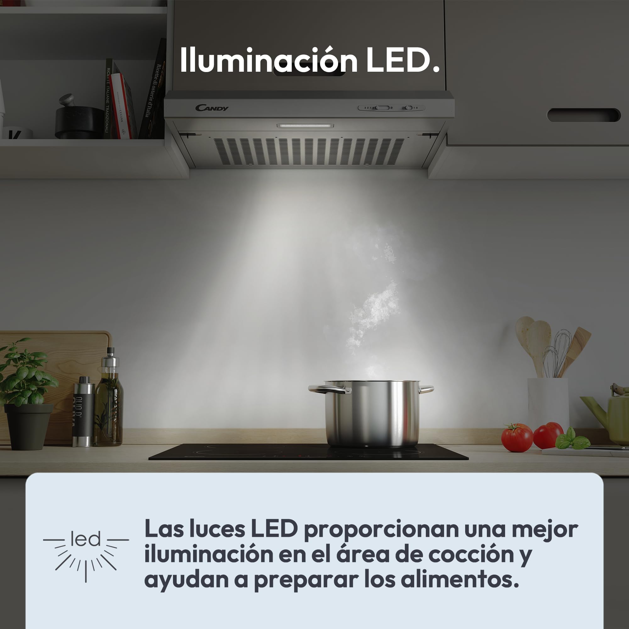 Candy CFT610/5S Campana 60 cm Ancho, 3 Niveles de Potencia, Capacidad extracción 208 m3/h, iluminación LED, 87.5 W, 55/71 decibels, Silver