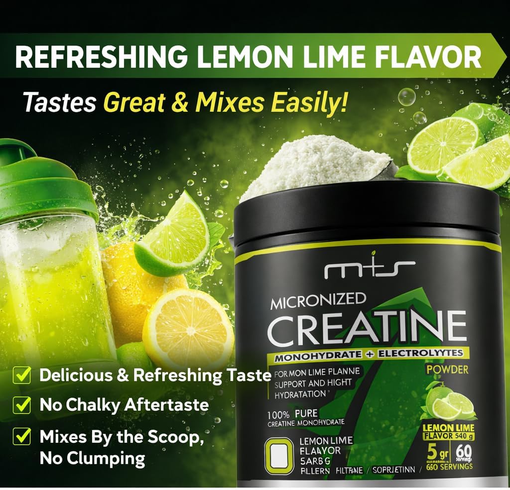 M+S Micronized Creatine Monohydrate Powder with Electrolytes – 5g Creatine per Serving, Lemon Lime Flavor – Highly Soluble Creatine Powder for Hydration Support – Sugar Free, 60 Servings