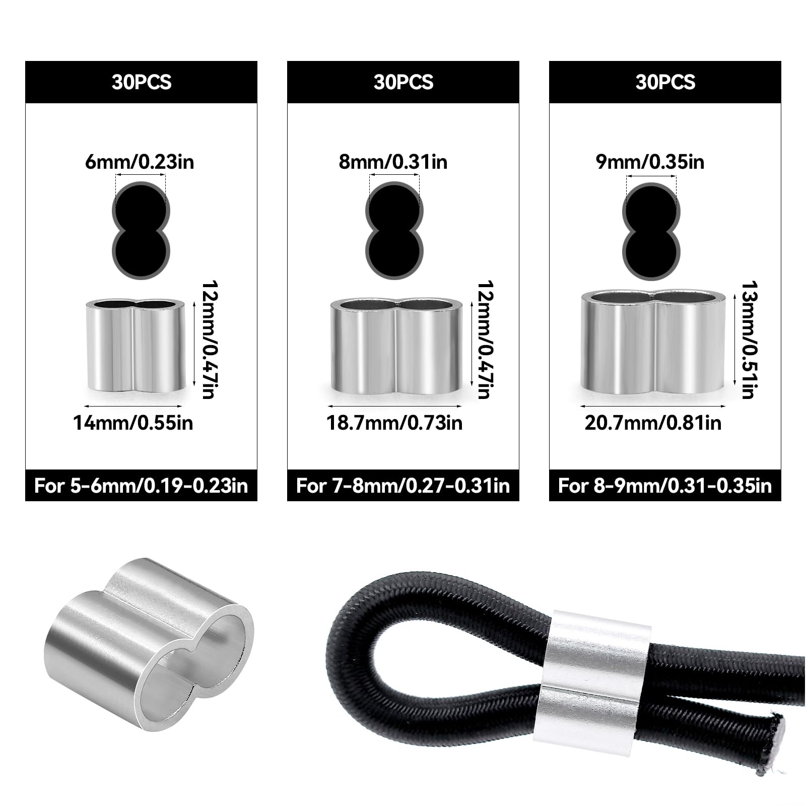 TETEWEVER Lot De 90 Manchons Doubles En Aluminium 6mm 8mm 9.2mm - Manchon De Sertissage Pour Corde Caoutchouc, Élastique Et Bâche