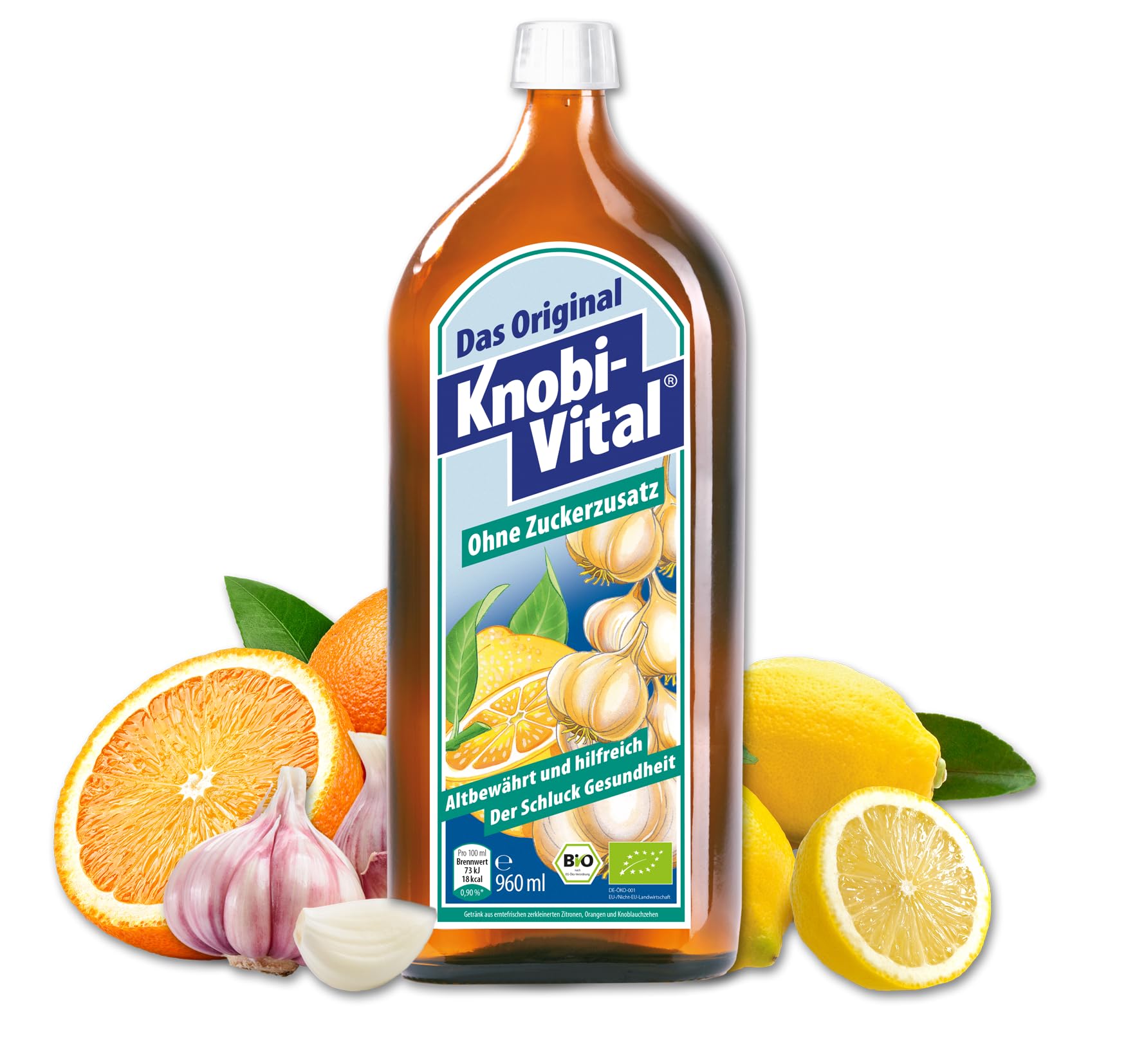 KnobiVital ohne Zuckerzusatz Bio (960 ml) I Hochkonzentrierter Knoblauchsaft mit Thiamin für Energie, Nerven & Herz I für Diabetiker geeignet - Vegan, natürlich & ohne Zusätze