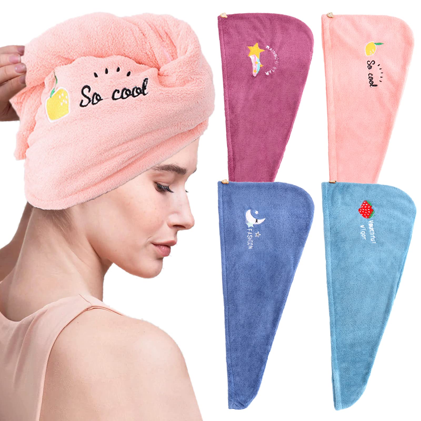 Serviette Absorbante Bouton Cheveux 4 Serviettes Microfibre Pour Cheveux ZYNERY - Séchage Rapide, Super Absorbantes - Avec Bouton - 65x25 Cm