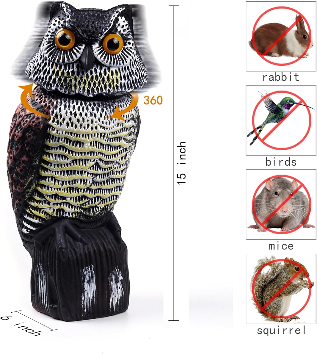 Hedoc 2 Pack Fake Owl Decoys to Scare Birds Away(15 inch), Rotating Head Sculptures, Nature Enemy Scarecrow Plastic Statues, Pest Repellent,Pigeon Deterrent Outdoor Yard, Garden Protectors