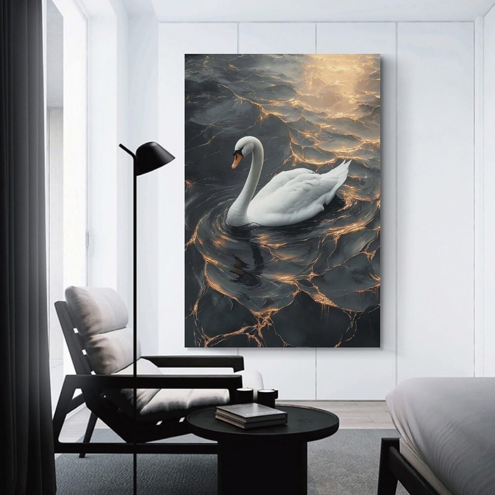 Junmoney Unframe-Style-3-1 Elegant Swan On Golden Water Wall Picture Print, 24X36inch(60X90cm), For Workspace Walls, Study Corners Or Bedrooms, Wall Art That Adds Style To Work Areas
