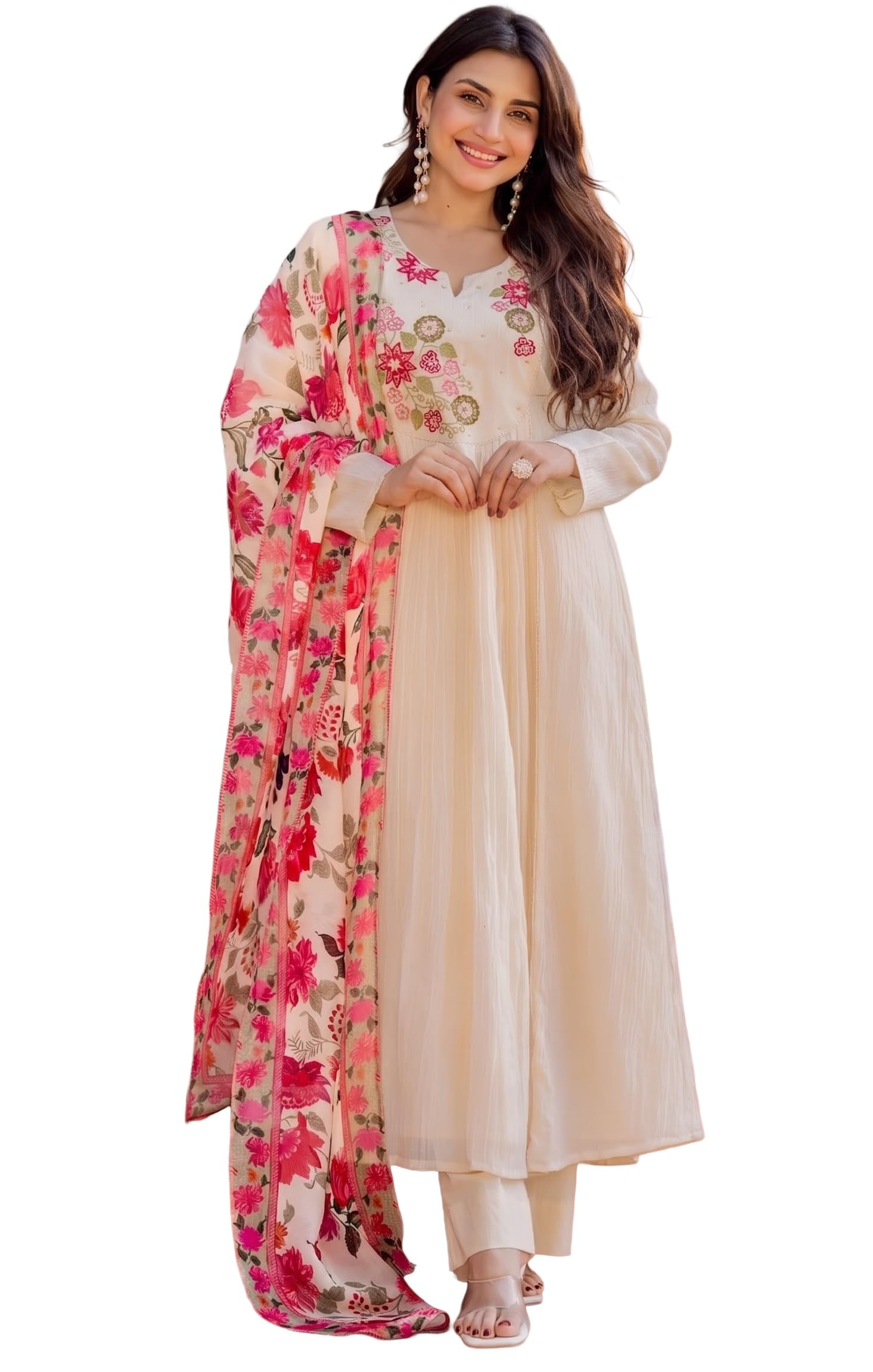 klosia Women's Anarkali Kurta Set with Floral Printed Dupatta | Embroidered Kurta Pant Set for Women | Cream Ethnic Wear | Festive, Wedding-picture-25