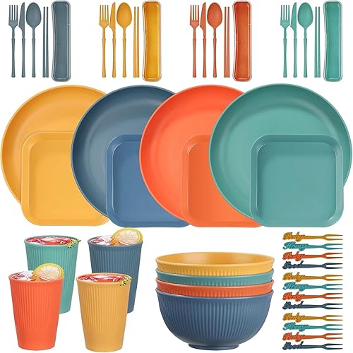 Juego de vajilla de paja de trigo, 48 piezas, platos y cuencos de plástico irrompibles, juegos de cena para 4 personas, juego de cubiertos de viaje,
