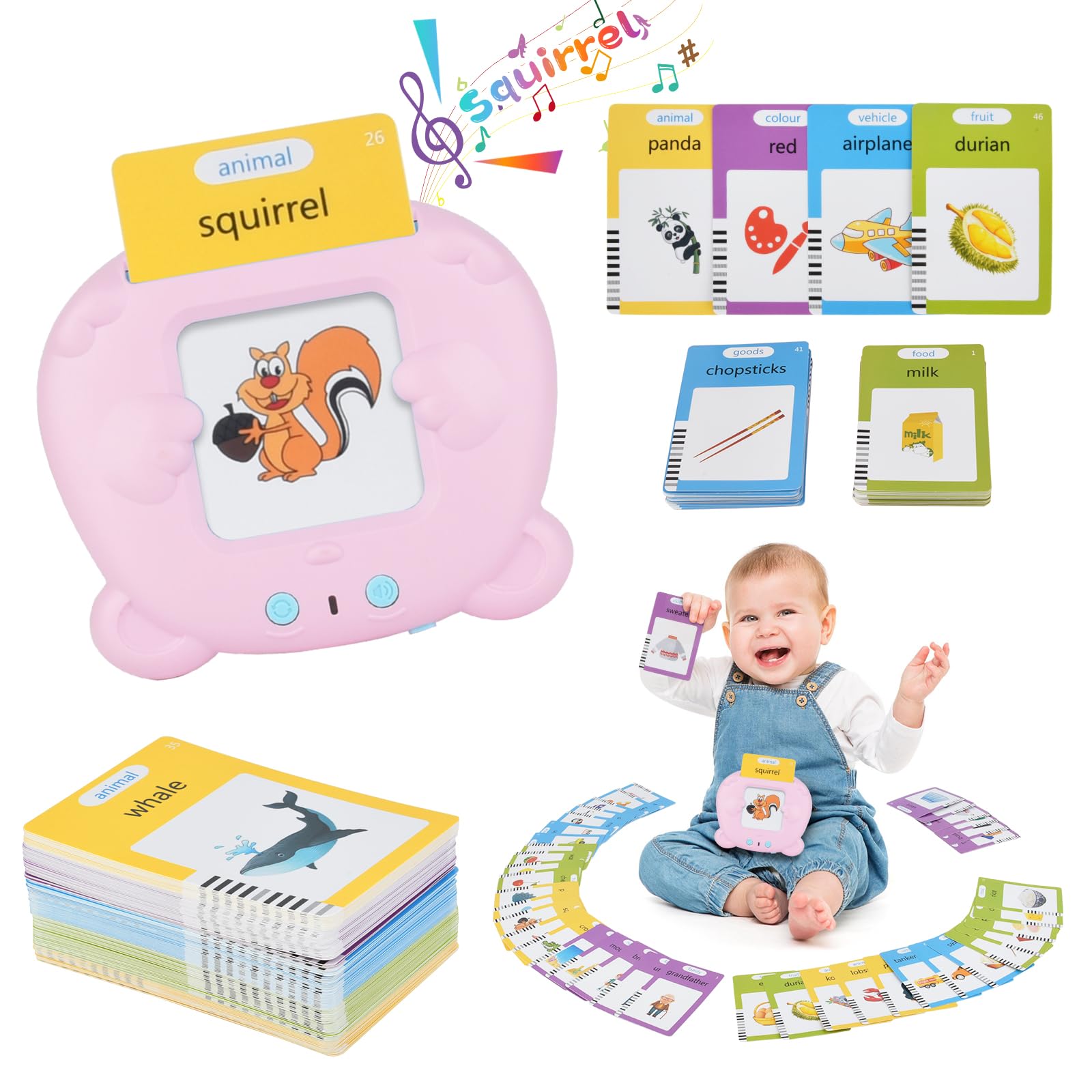 Talking Flash Cards, Educational Toys for 2 3 4 5 6 7 8 Year Old Baby Boys Girls, Preschool Learning Toy Reading Machine with 224 Words, Toddler Toy Gifts for Kids Birthday Christmas - Pink