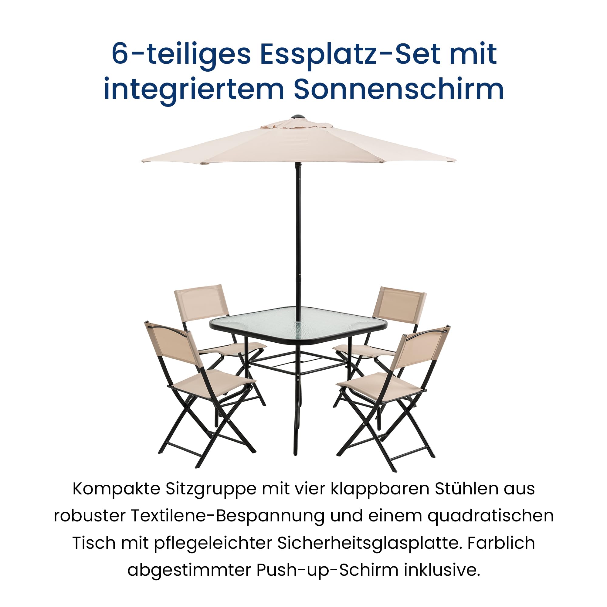 Home Collective Juego de muebles de jardín para balcón, juego de comedor al aire libre, muebles de terraza, 6 piezas, 4 sillas plegables, 1 mesa de cristal, 1 sombrilla, resistente a la intemperie