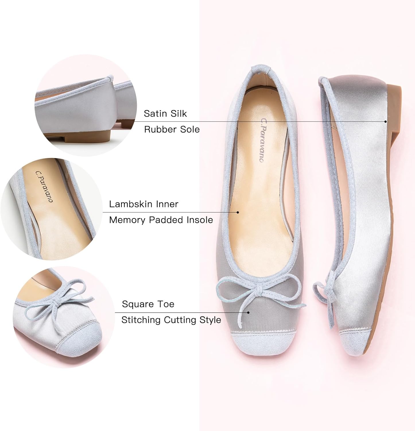 C.Paravano Ballet Flats | Square Toe Shoes | Bow Slip Ons | Ballet Shoes for Women | Dressy Flats for Women - Image 3