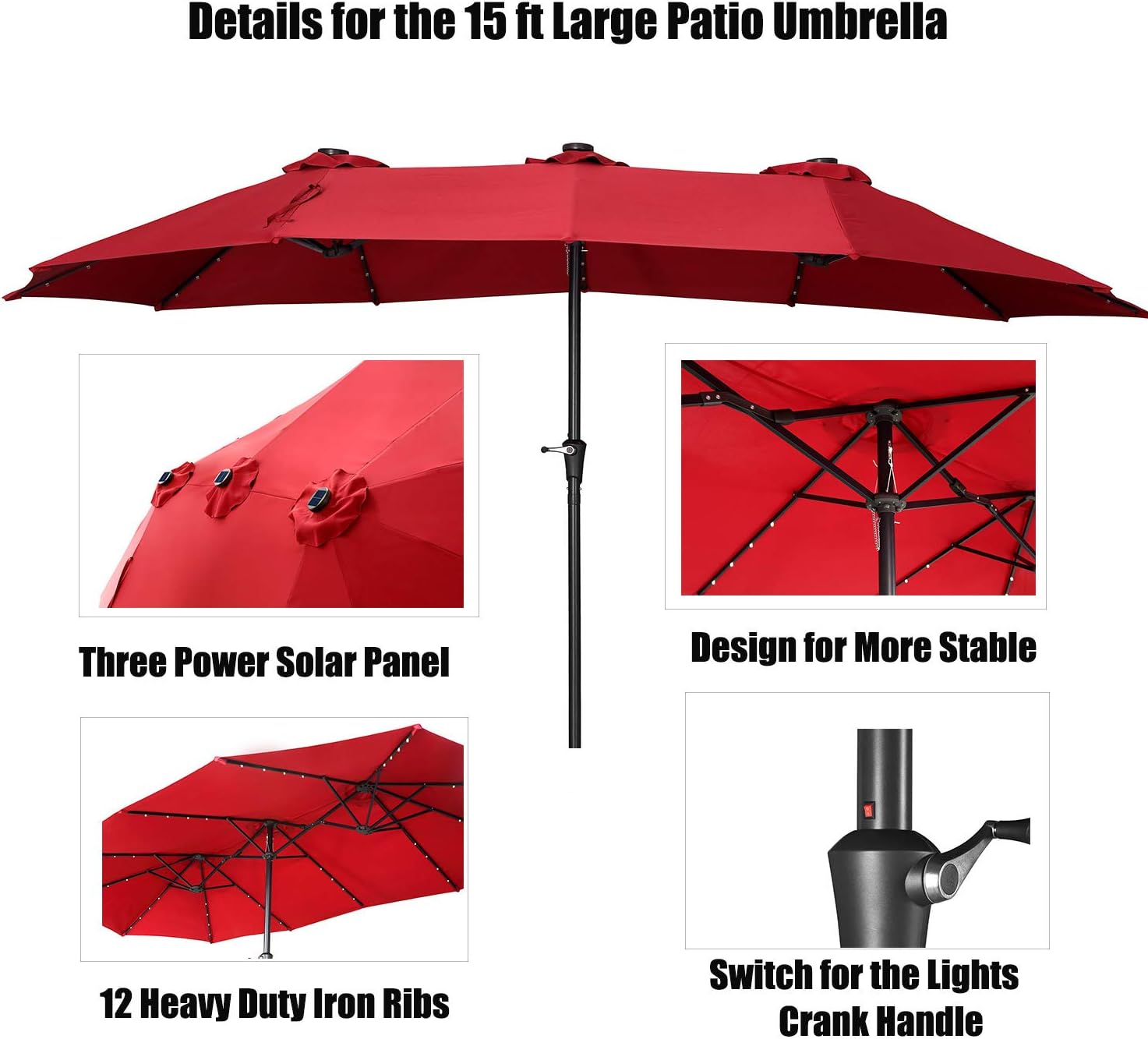 Klismos 15FT Double-Sided Patio Umbrella with Solar Lights Extra Large Outdoor Market Table Umbrella with Weight Base Stand(Red)