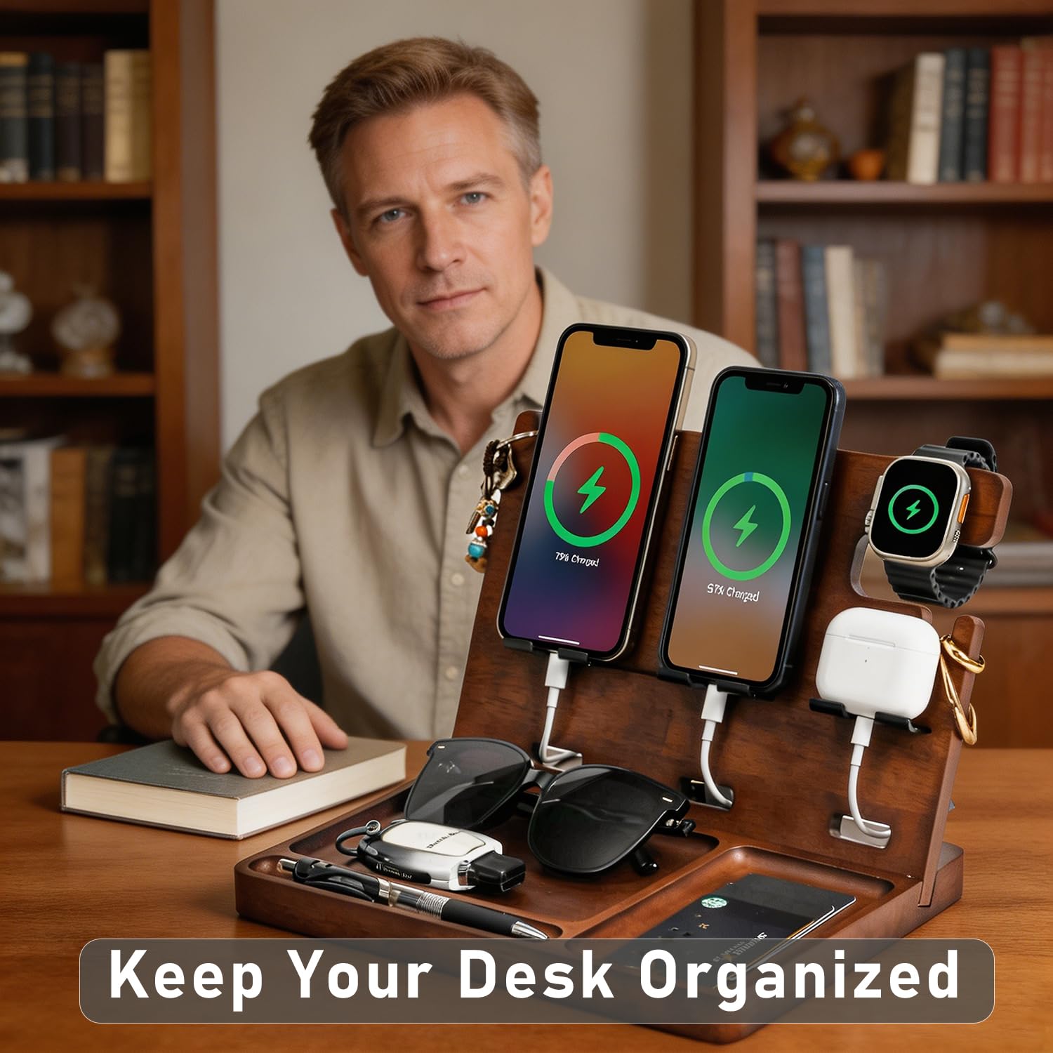 Holz-Handy-Dockingstation, Nachttisch-Organizer, Ladestation mit QC 3.0 & PD22,5 W USB-C-Ladegerät, schnelles Aufladen für iPhone, Samsung, Android, Tablet, Uhr, Jahrestag, Geburtstag