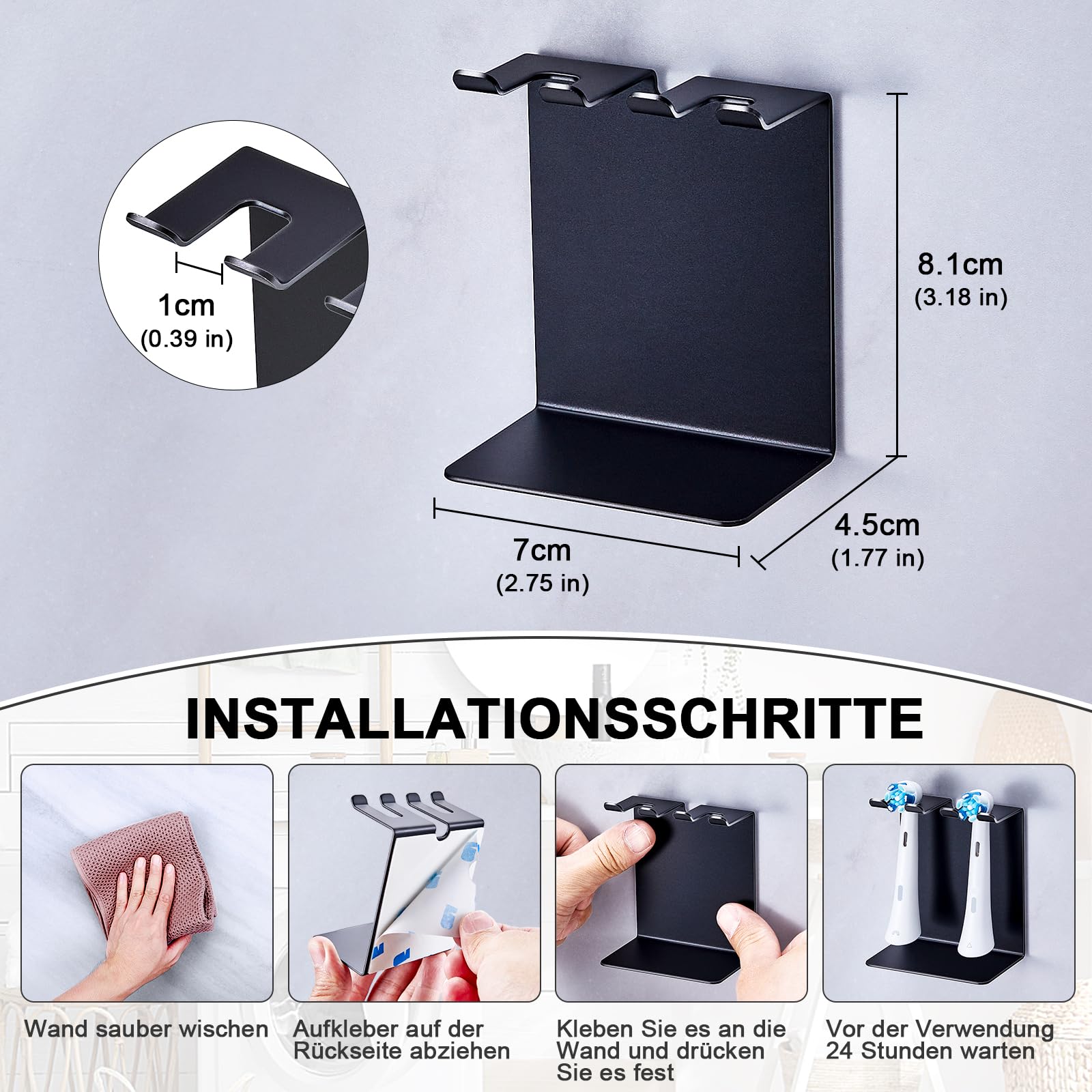 Zahnbürstenhalter, Halterung Elektrische Zahnbürste, Stehender oder Wandhalterung Zahnbürsten Halter, Zahnbürstenkopf halters, Aufsteckbürsten Halter Wand Ohne Bohren (Schwarz, Klein)