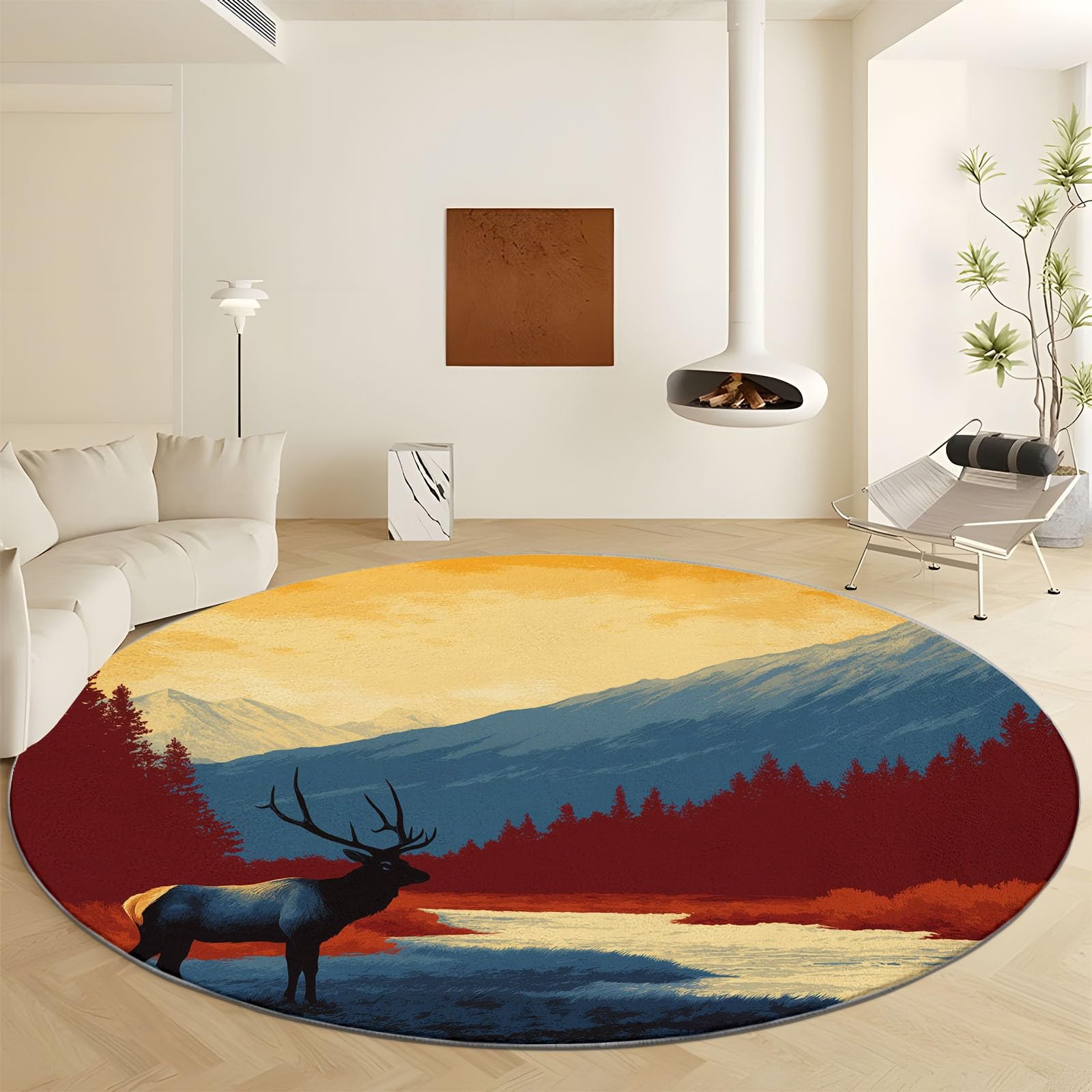 Tapis forêt cerf lavable rouge de 80 cm pour un salon chaleureux