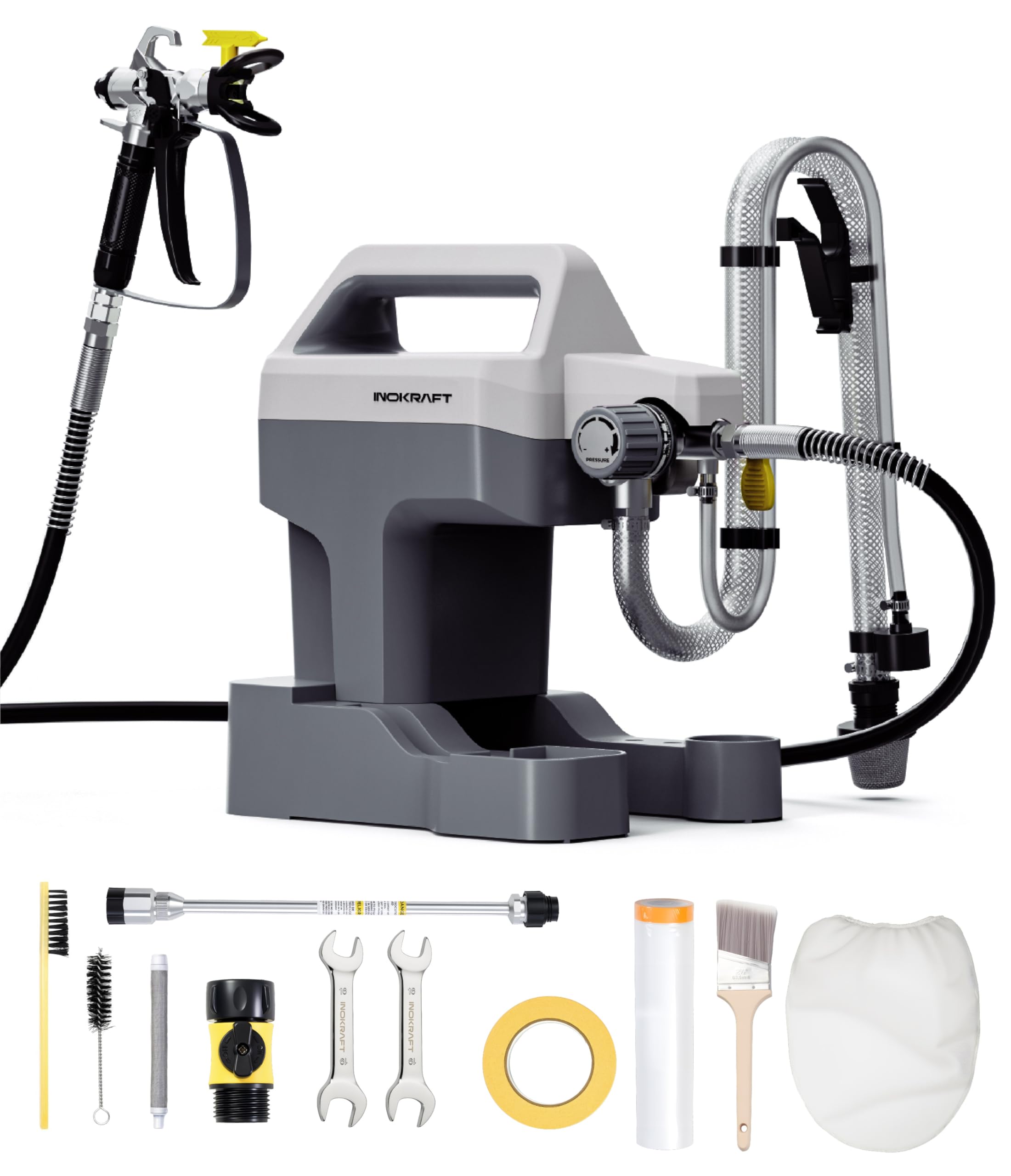 InoKraft NEO Airless Farbsprühgerät, Airless Spritzgerät Komplettset für Anfänger, Farbsprühsystem für Wandfarbe, 7,6 m Schlauch, 460W, bis 7 m²/min, inkl. Zubehör & Anleitung