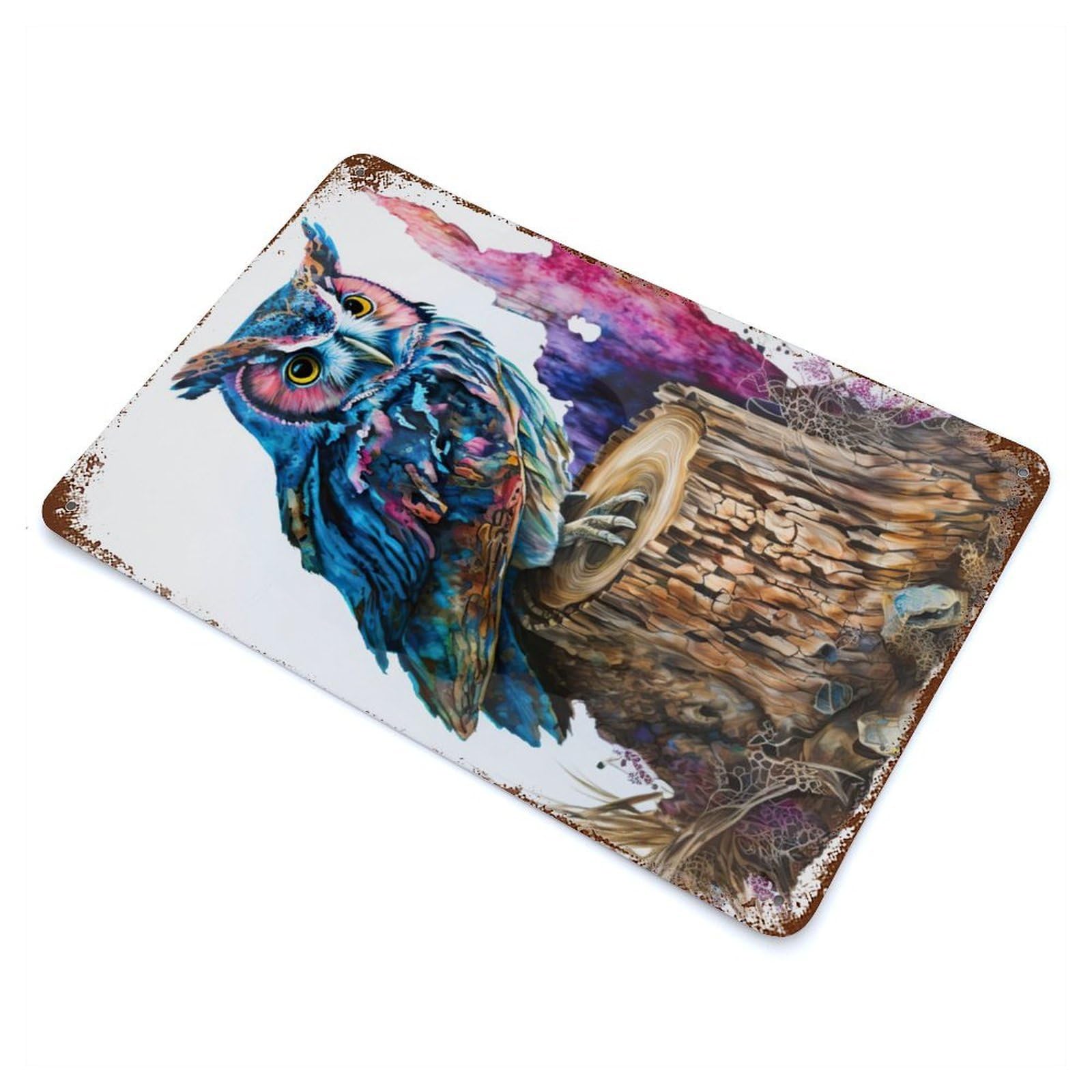 Rust Effect Owl Watercolor Aged Metal Wall Plaque 11.8"x7.9", Rustic Home Decor for Bistro, Counter And Cafe Decor
