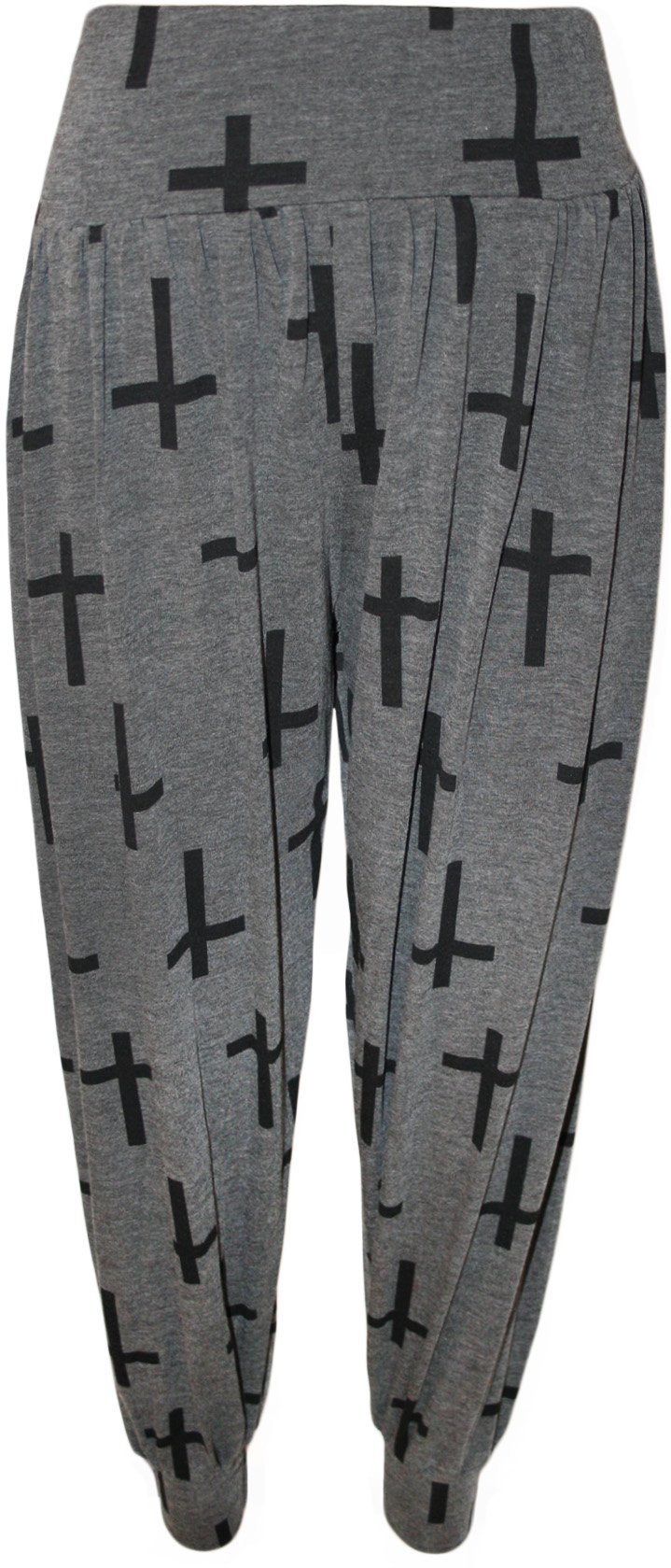WearAll Womens Plus Size Printed Pattern Ladies Long Harem Pants Trousers - Dark Grey Cross - 24/26