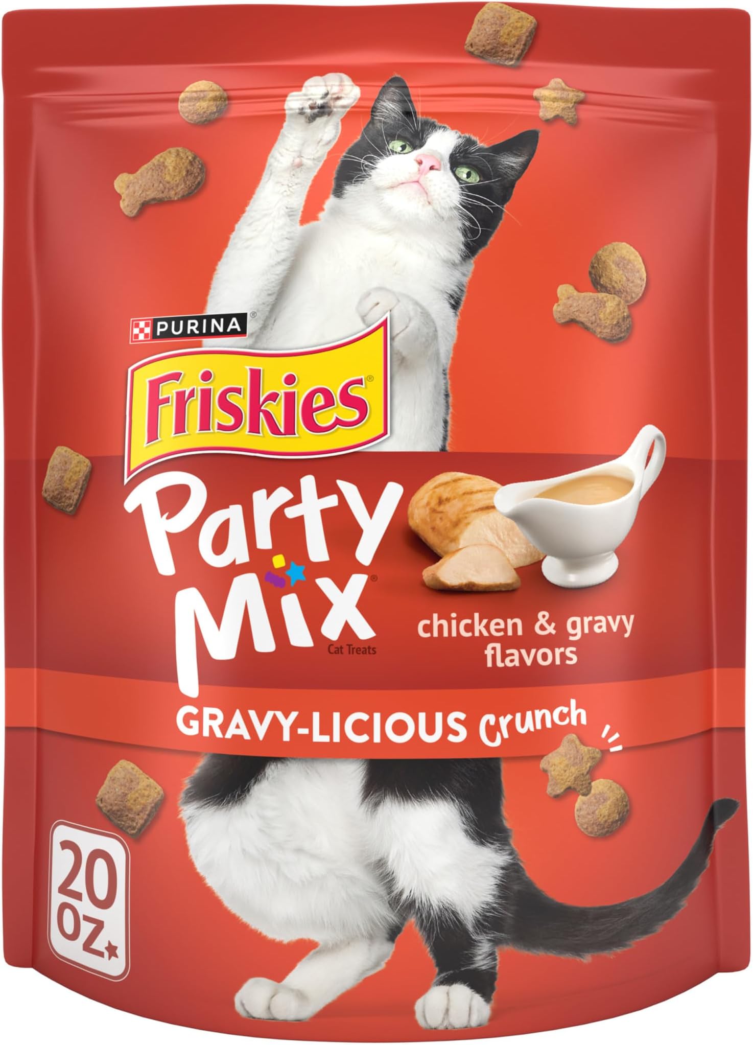 Friskies Purina Made in USA Facilities Cat Treats, Party Mix Crunch Gravylicious Chicken & Gravy Flavors - 20 oz. Pouch