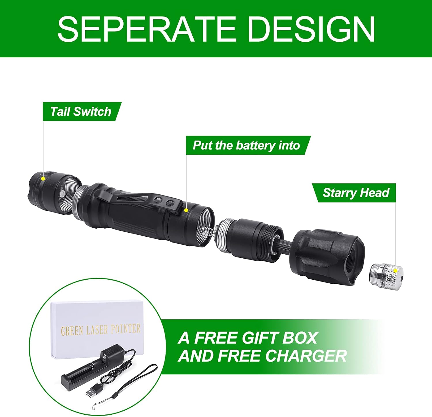 Wide Range Green Pointer-High Power LED Tactical Flashlight Green Beam Projector Flashlight for Hiking,Hunting Conference(Battery Charge Included ) : Tools & Home Improvement