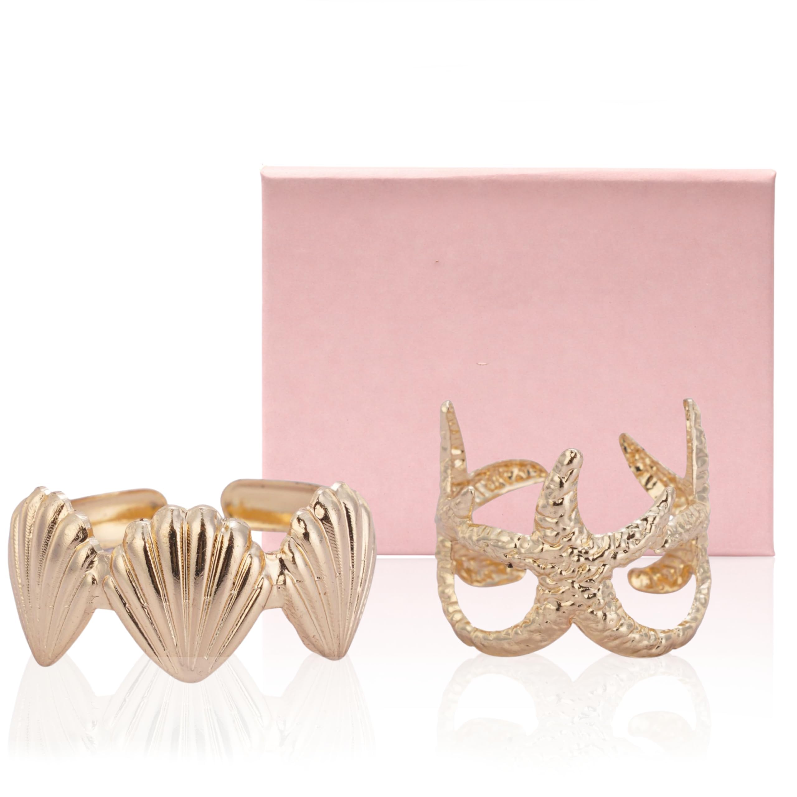 Amelia Women’s Gold Metal Shell and Starfish Polished Ring Set of Two| Everyday Wear and Statement Jewellery Gift with Premium Box | Beach and Summer Fashion Accessory