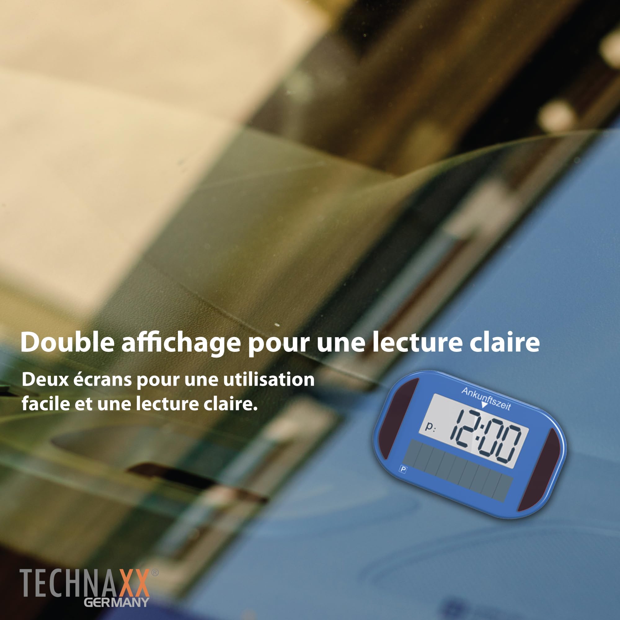 Technaxx TX-337 Disque de stationnement électronique solaire – Horloge automatique pour voiture avec capteur de mouvement, double écran, charge solaire et batterie incluse – Accessoire de stationnemen