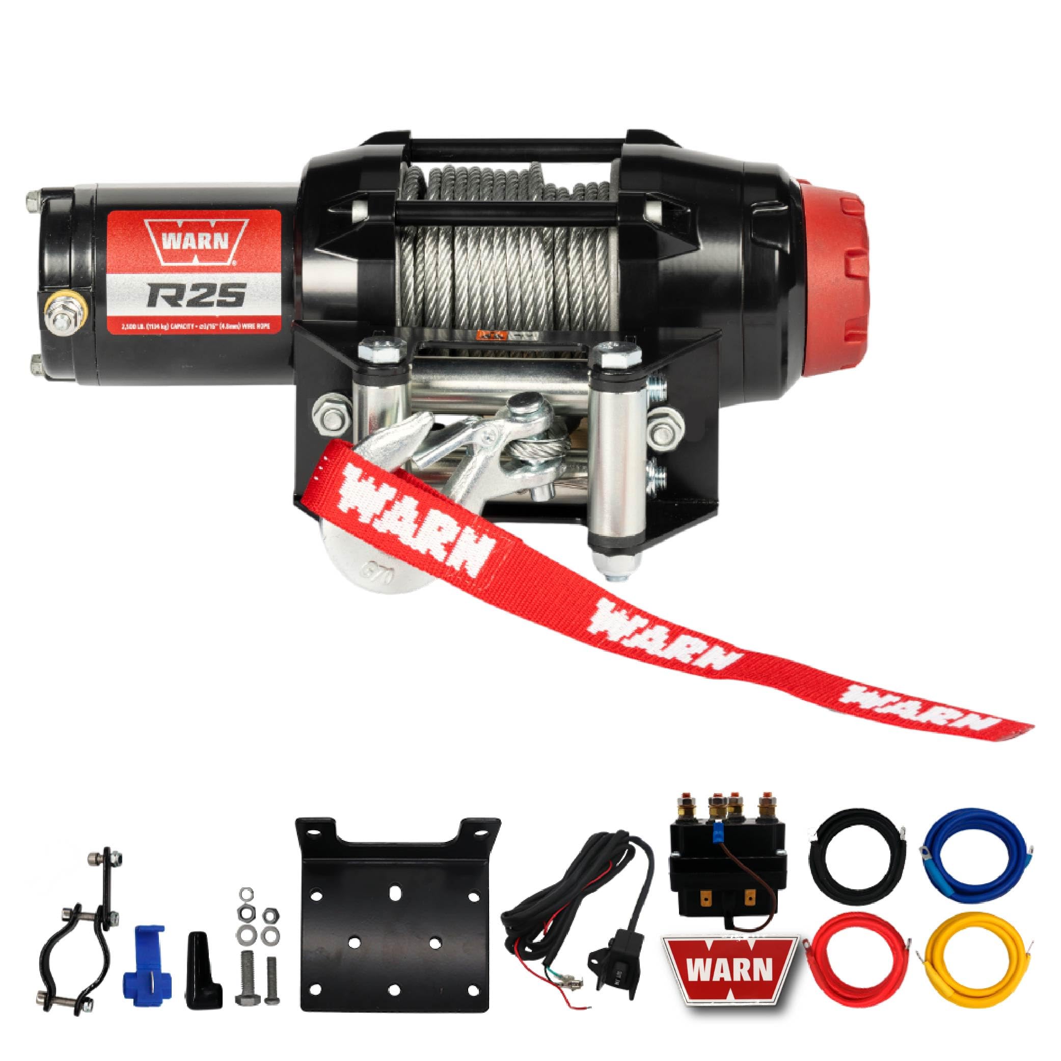 Warn R25 Drahtseilwinde, 1,1 kg Zugleistung, ausgestattet mit 1,5 m Stahlseil und fernmontiertem Wippschalter – Rollen-Fairlead für ATV, UTV, Side by Side, SXS Recovery & Abschleppen