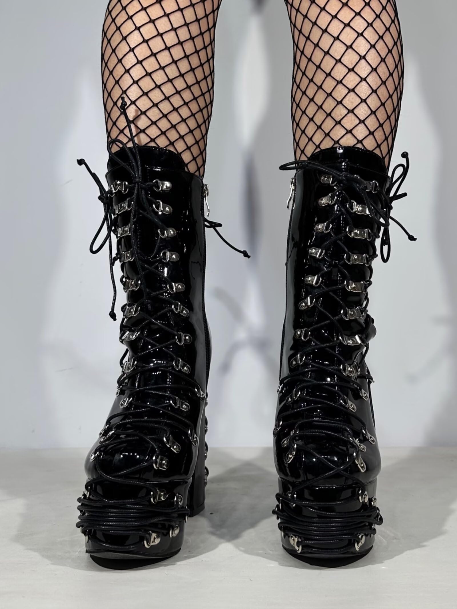 Frankie Hsu Handmade Goth Chunky Platform Ankle High Heeled Bootie, Lace Up Black Patent Silver Buckle Punk Gothic Y2K Hot Cool Girl Big Large Size Shoes For Women Men: 12 Black