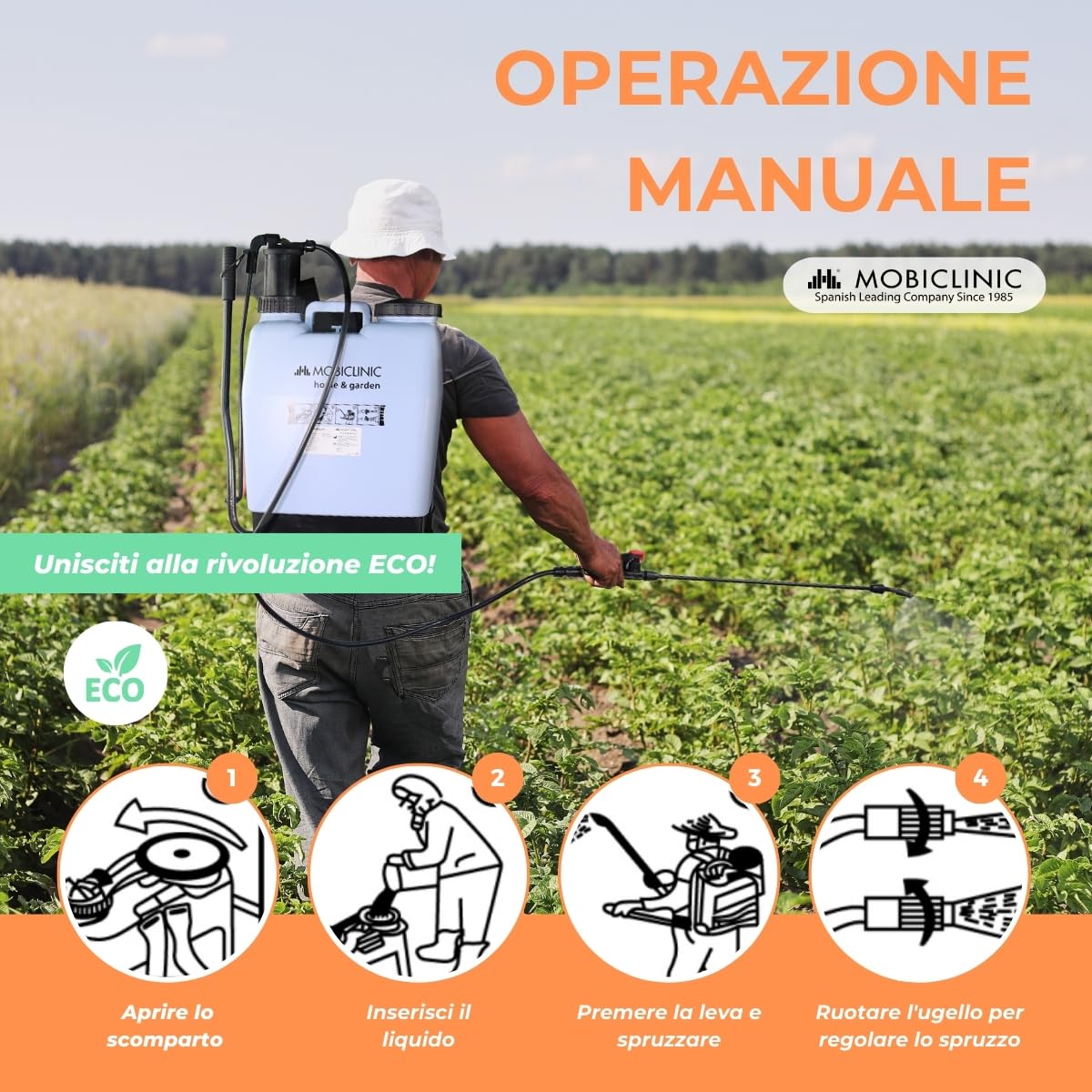 Mobiclinic®, Pompa a Pressione Manuale, 16 L, Giardinaggio, Pressione della pompa, 4 ugelli regolabili, Leggero 2 kg, Spruzzatore, Irrigazione, Controllo dei parassiti, Cura delle Piante, Fumibug