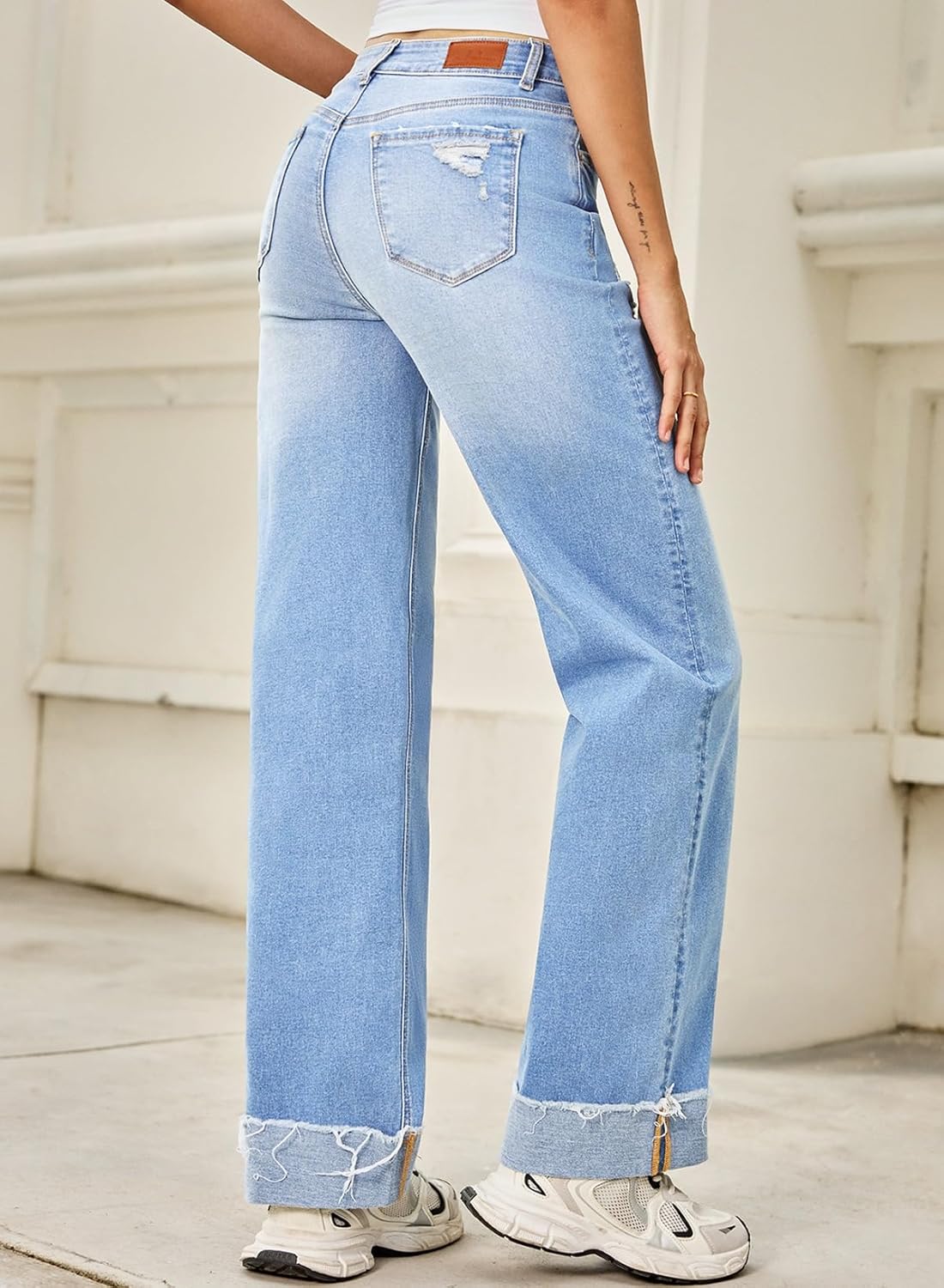 Sidefeel Women's Wide Leg Jeans High Waisted Stretchy Distressed Straight Leg Folded Hem Loose Denim Pants - Image 2