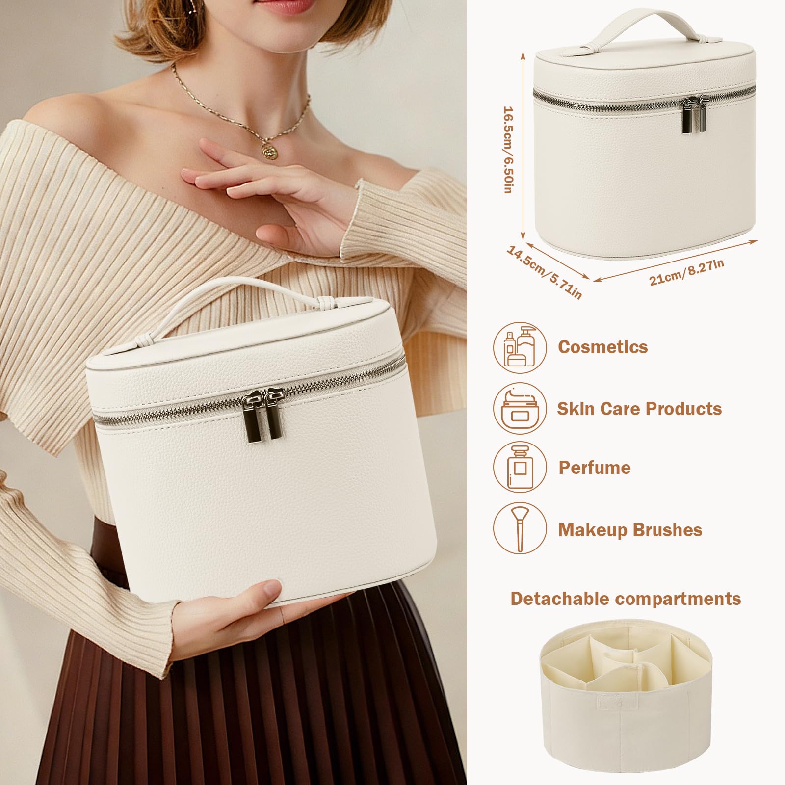 Neceser Maquillaje de Cuero PU Impermeable, Neceser Viaje para Mujer Grande, Maletín de Cosméticos Portátil, Bolsa de Maquillaje Organizador con Divisor Desmontable y Doble Cremallera (Blanco)