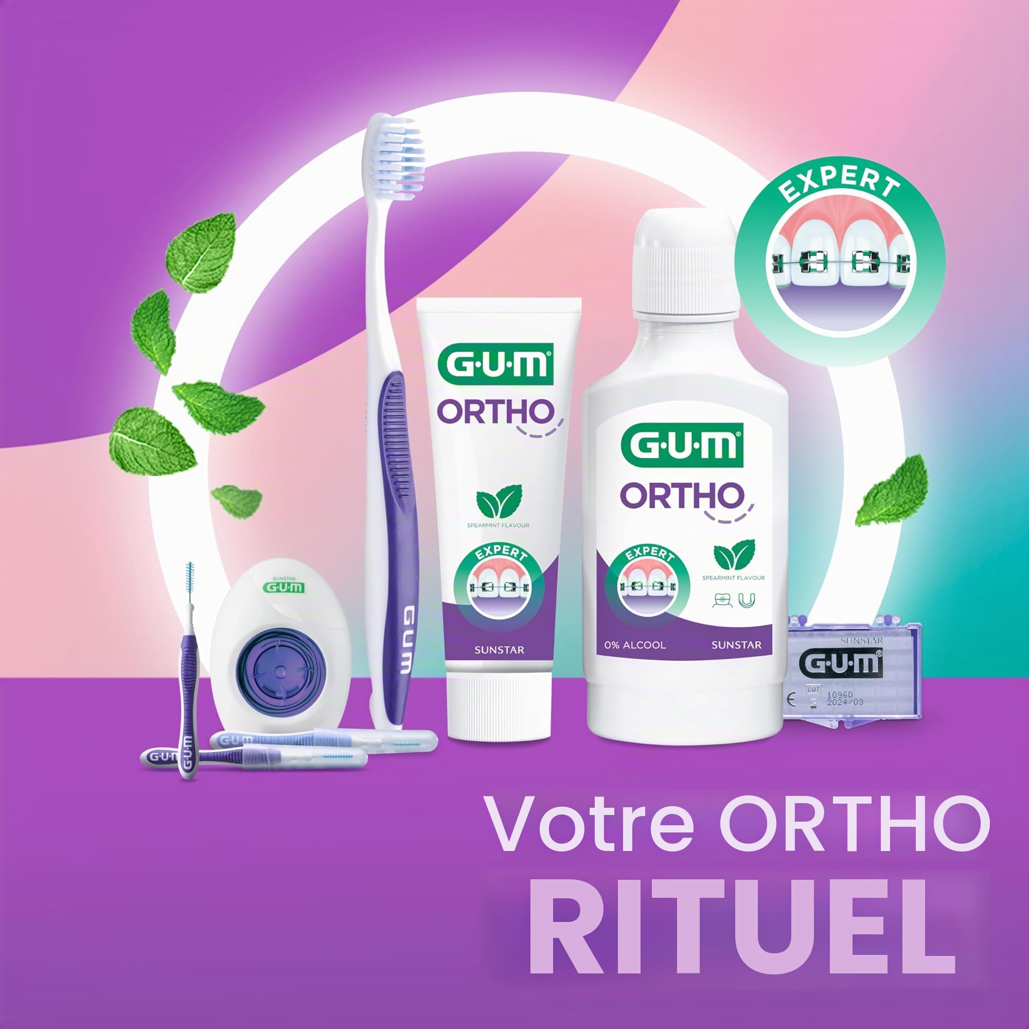 GUM ORTHO Brosse à Dents Manuelle | BRINS doux en forme de V | Pour le nettoyage des appareils orthodontiques | Manche antidérapant | Capuchon de voyage | 4x1 pièces (avec 2 échantillons bonus)