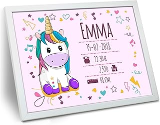 LolaPix Unicornio Cuadro Bebe Personalizado con Datos de Nacimiento. Nombre/Fecha/Hora/Peso/Altura. Regalos Recién Nacido. Marco Natalicio. Varios Diseños. Tamaño 30x40 cm. Unicornio Rosa