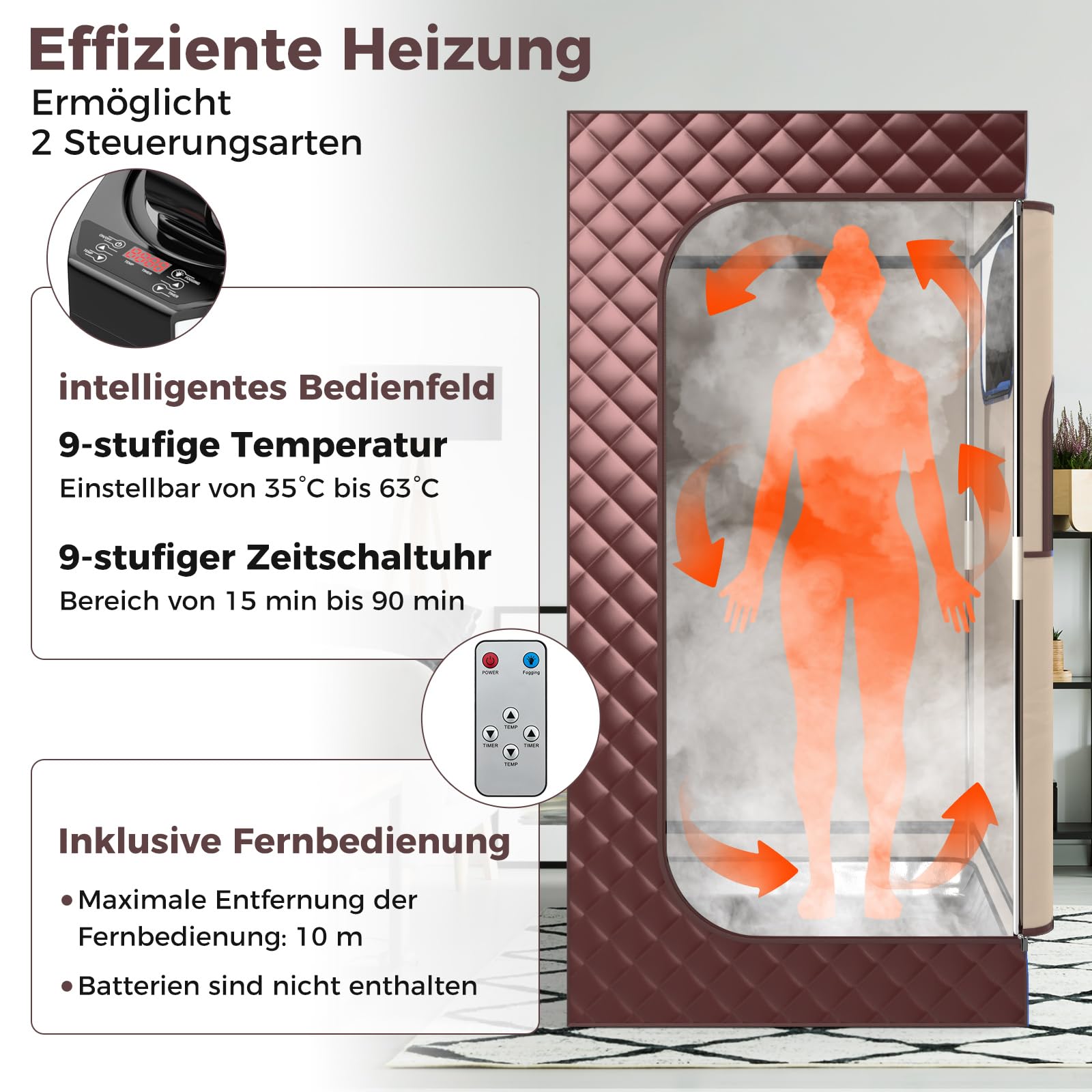 COSTWAY Dampfsauna Heimsauna für Zuhause, Ganzkörpersaunabox mit 3-Liter-Dampfgenerator, Fernbedienung, Fußmassagegerät & Klappstuhl, tragbare Saunazelt 91 x 91 x 183 cm (braun)