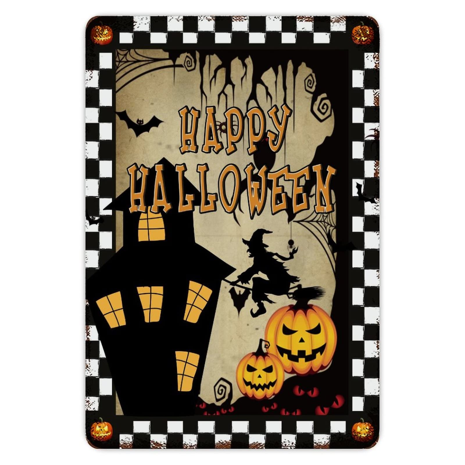 ENEDNATE Buffalo Plaid Happy Halloween Pumpkin Bats Ghost Moon Aluminum Tin Sign 8"x12" Waterproof Vintage Metal Sign for School Office Classroom Gate Garage Garden Home Wall Decor Housewarming Gifts